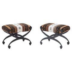 Pair of Modern Painted Iron and Upholstered Benches with Interesting Fabric