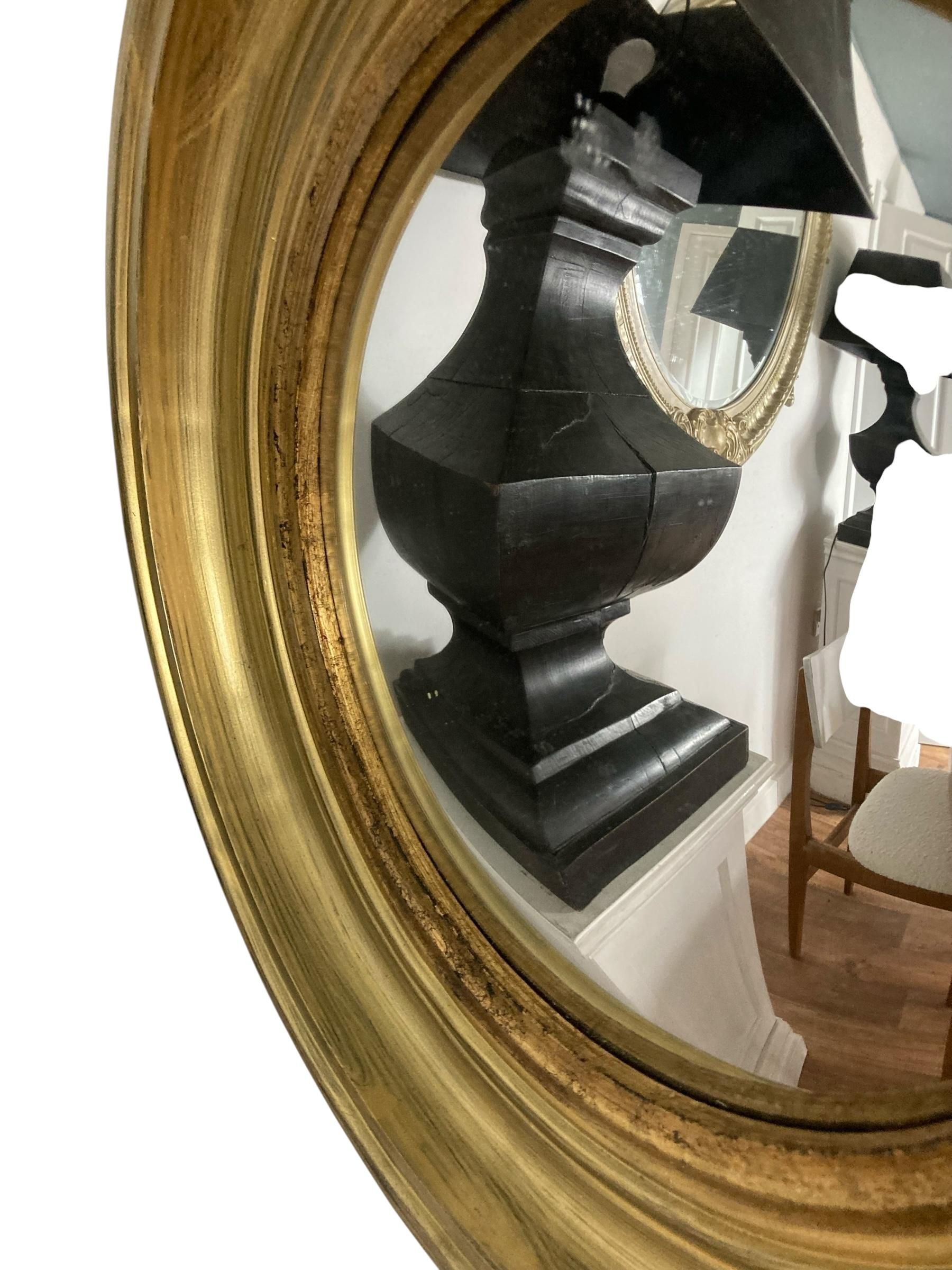A Pair of Modern Regency Style Gold Circular Convex Mirrors with ebonsied Rim For Sale 5