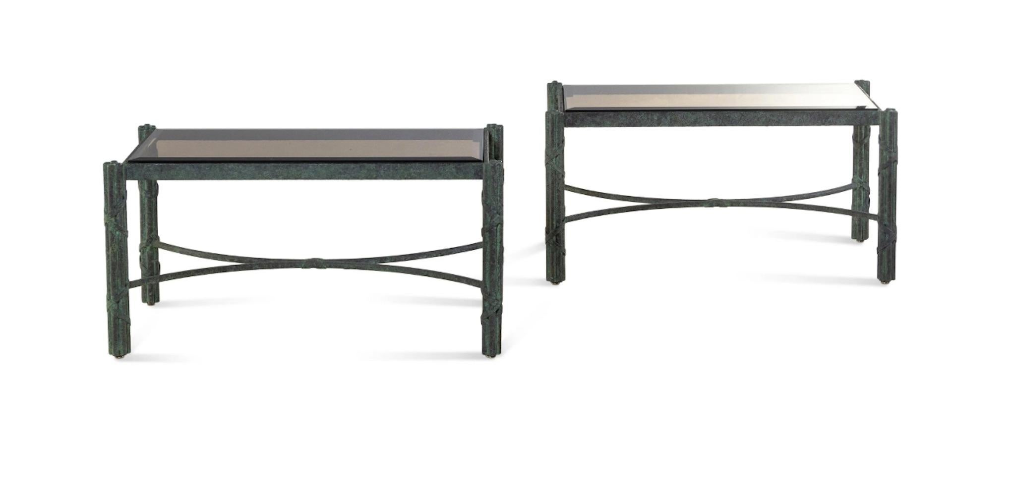 Neoclassical Pair of Modern Solid Patinated Bronze Smoky Glass-Top Low Tables/Benches For Sale