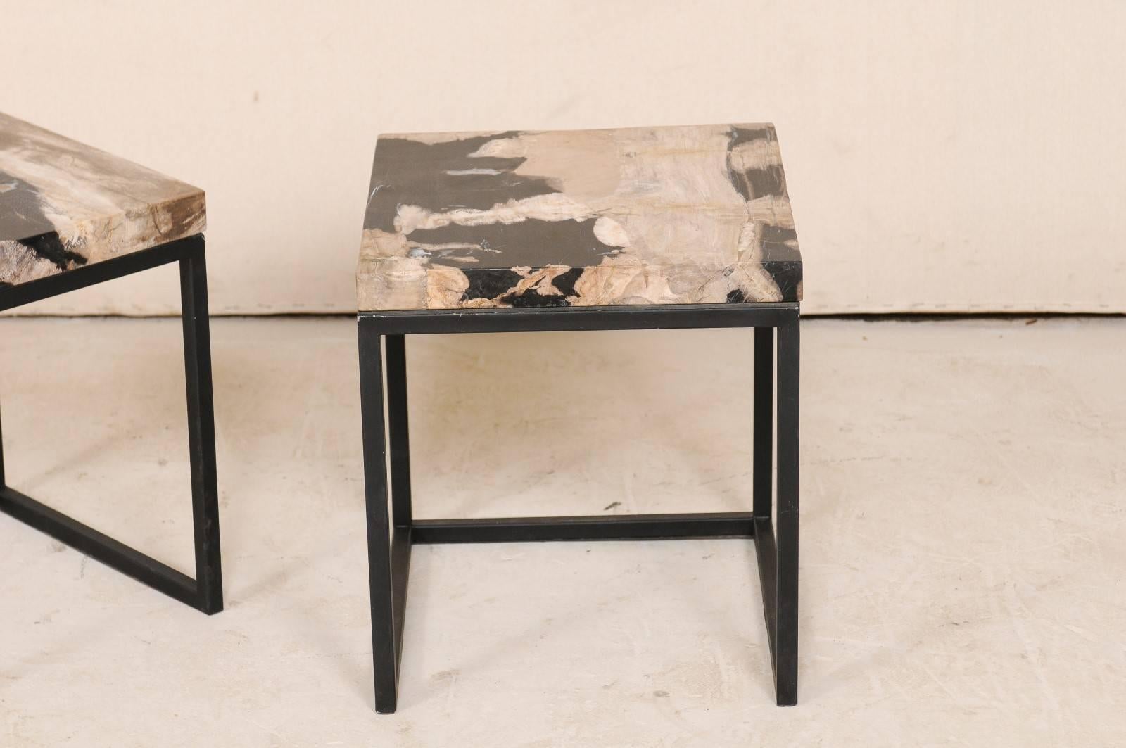 Mid-Century Modern Pair of Modern Style Polished Petrified Wood Drink Tables with Iron Bases