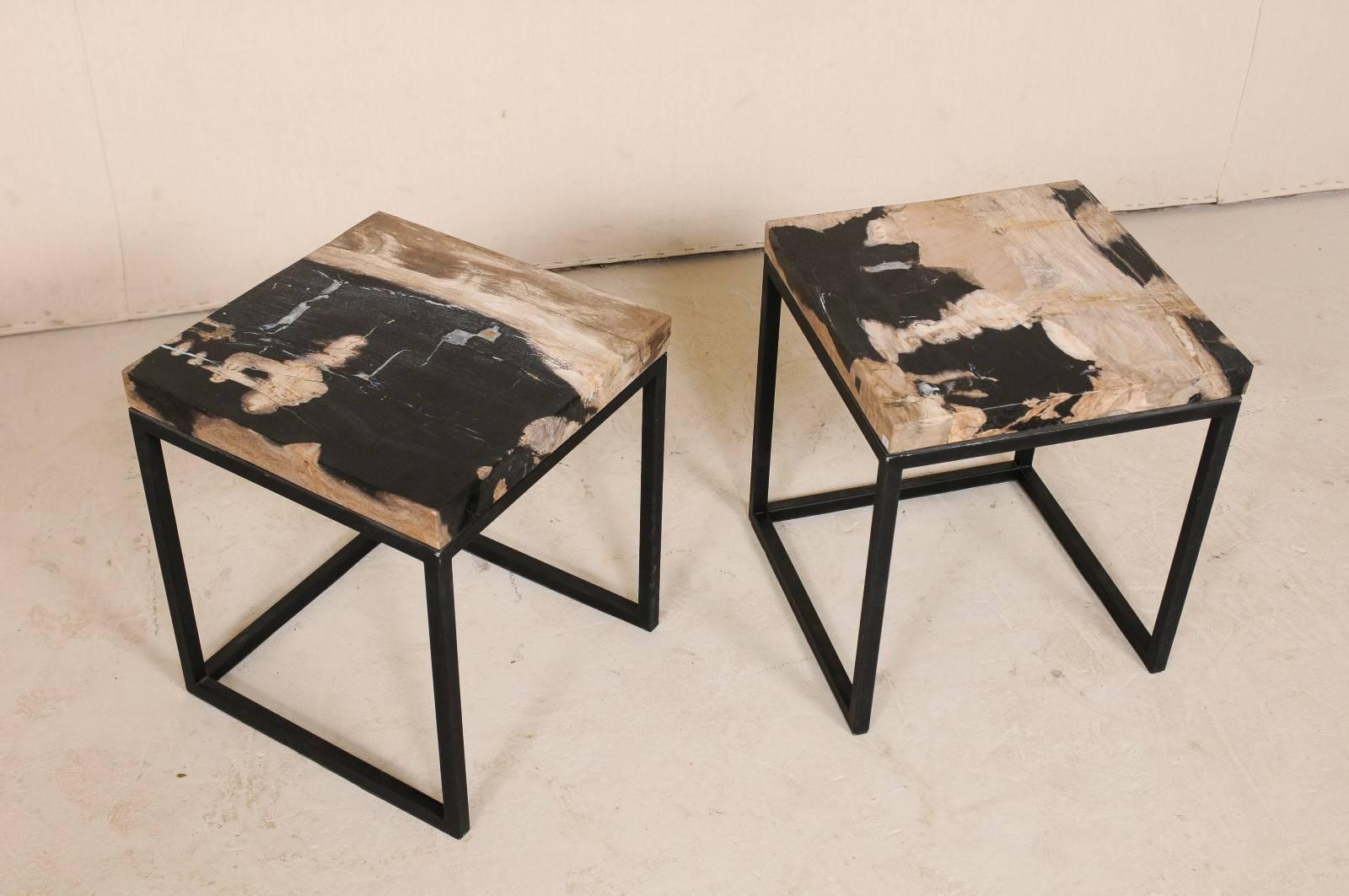 Indonesian Pair of Modern Style Polished Petrified Wood Drink Tables with Iron Bases