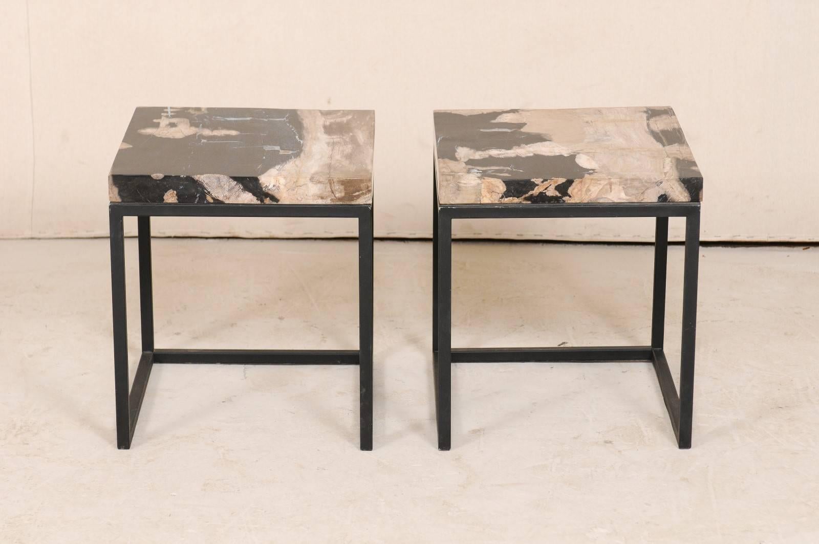 Pair of Modern Style Polished Petrified Wood Drink Tables with Iron Bases In Excellent Condition In Atlanta, GA