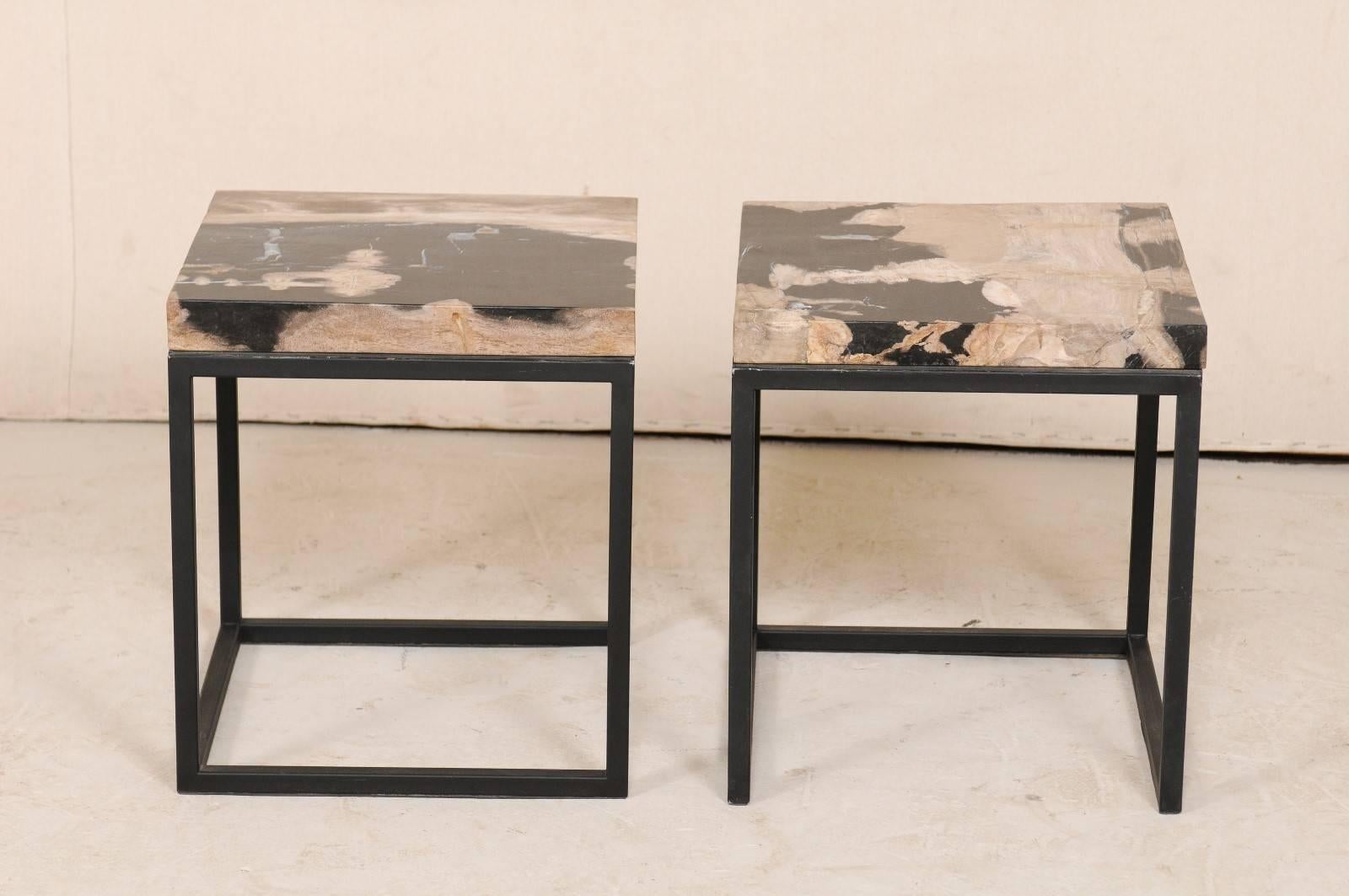 Contemporary Pair of Modern Style Polished Petrified Wood Drink Tables with Iron Bases