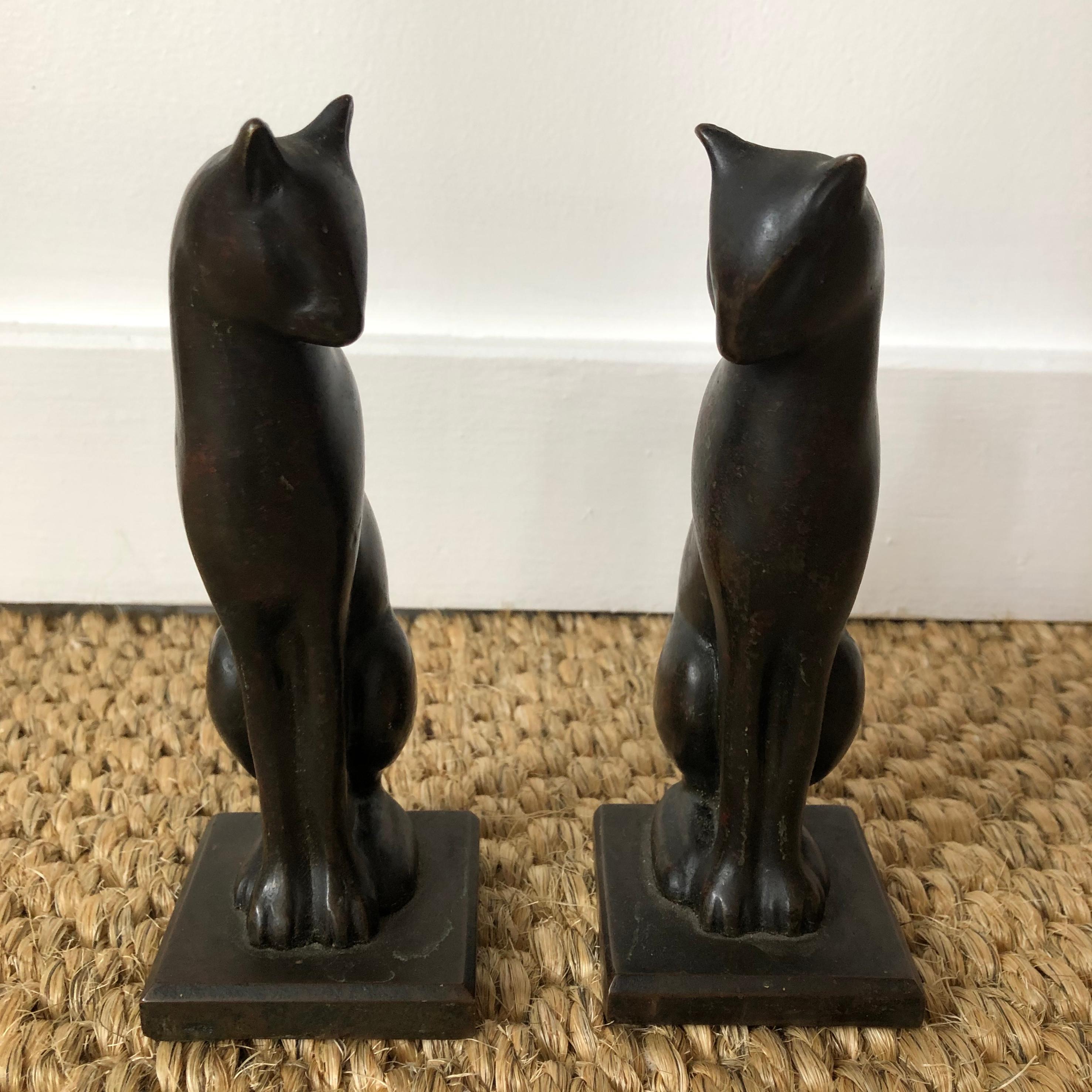American Pair of Modernist Bronze Cat Bookends