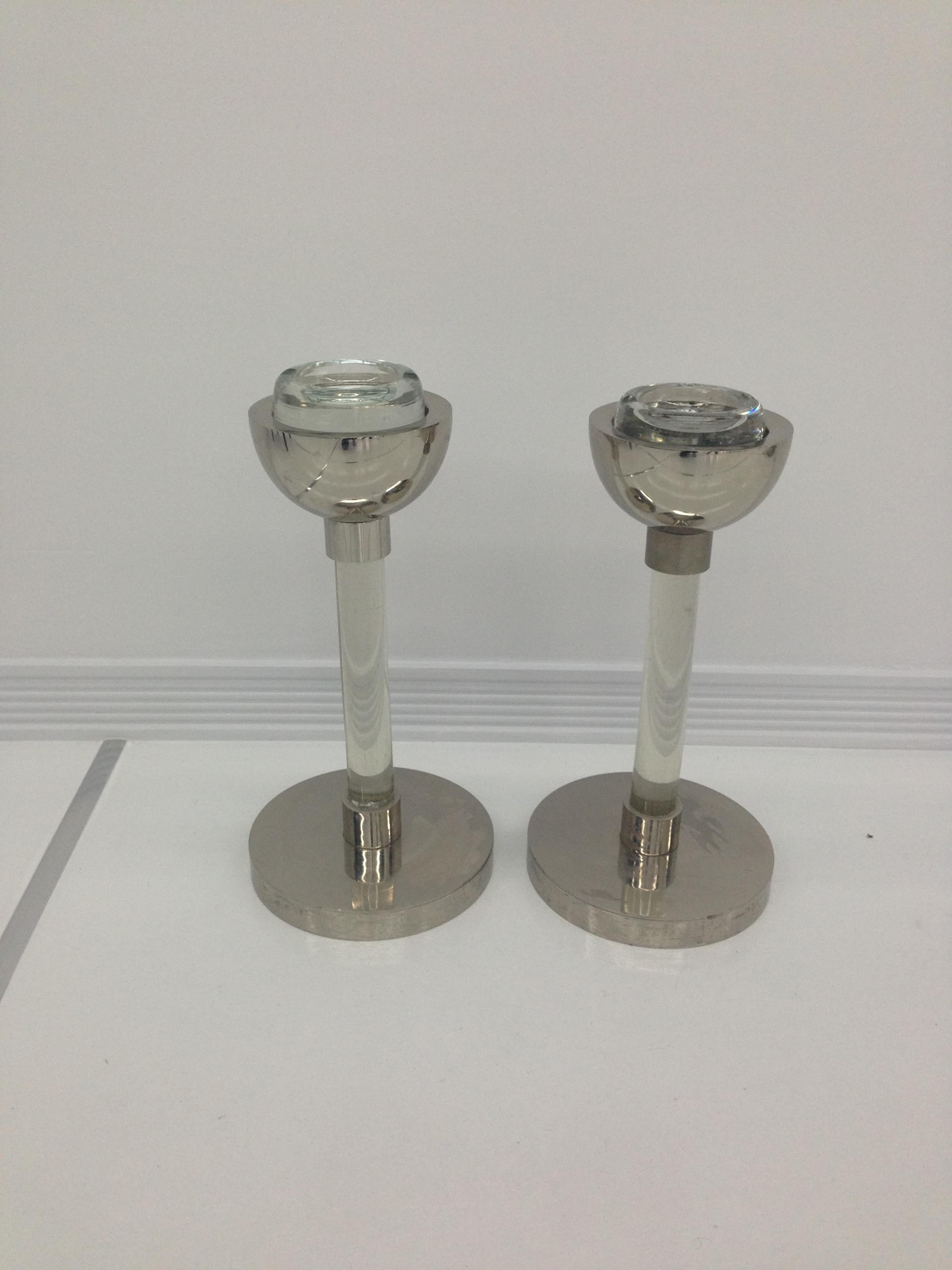 A pair of beautiful French Art Deco crystal glass and stainless steel ashtrays, circa 1920s.