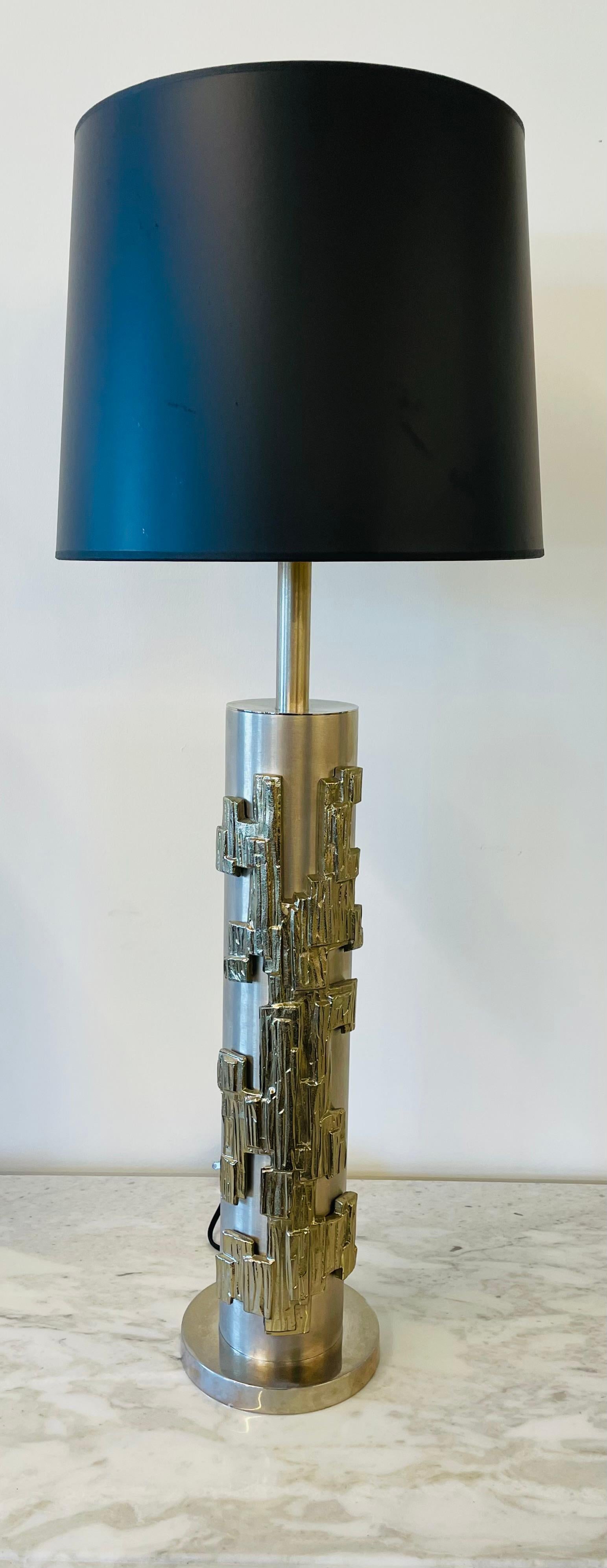 Pair of Modernist Table Lamps, Brushed Nickel and Sculptural Metal, 1970s For Sale 6