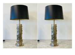 Pair of Modernist Table Lamps, Brushed Nickel and Sculptural Metal, 1970s