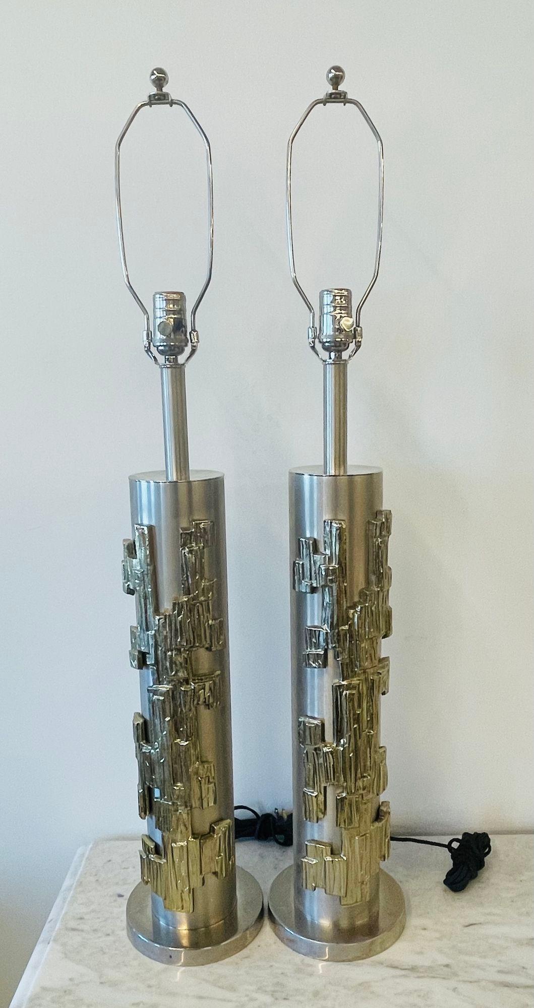 American Pair of Modernist Table Lamps, Brushed Nickel and Sculptural Metal, 1970s For Sale