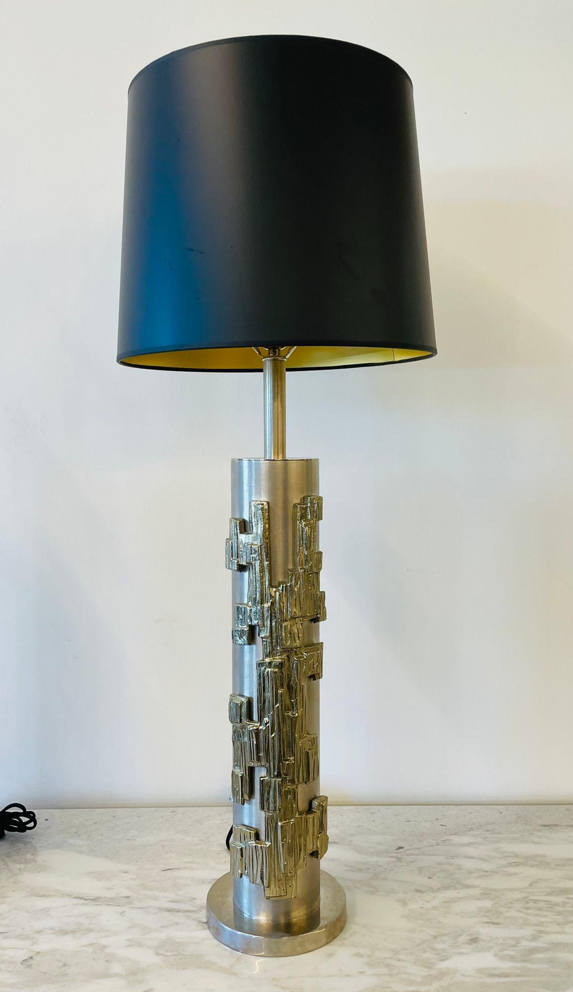 20th Century Pair of Modernist Table Lamps, Brushed Nickel and Sculptural Metal, 1970s For Sale
