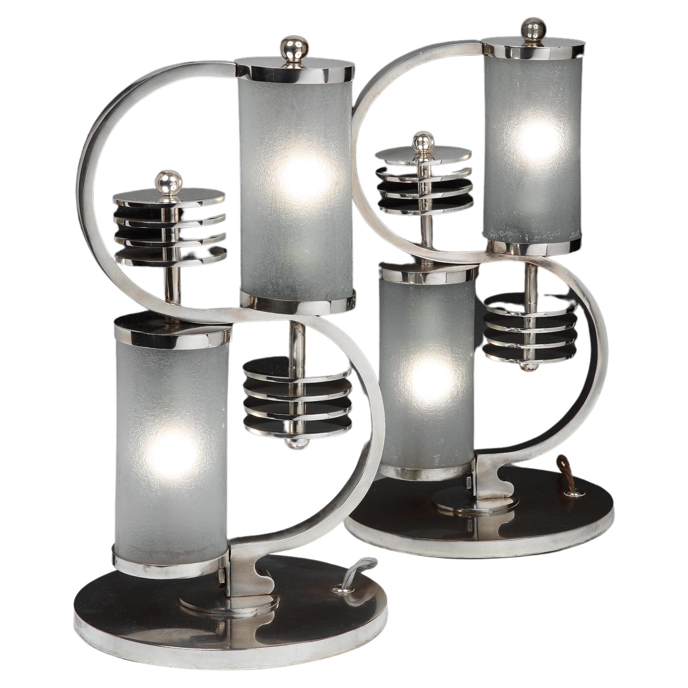 Pair of Modernist Table Lamps with Glass Shades, by Edgar Brandt