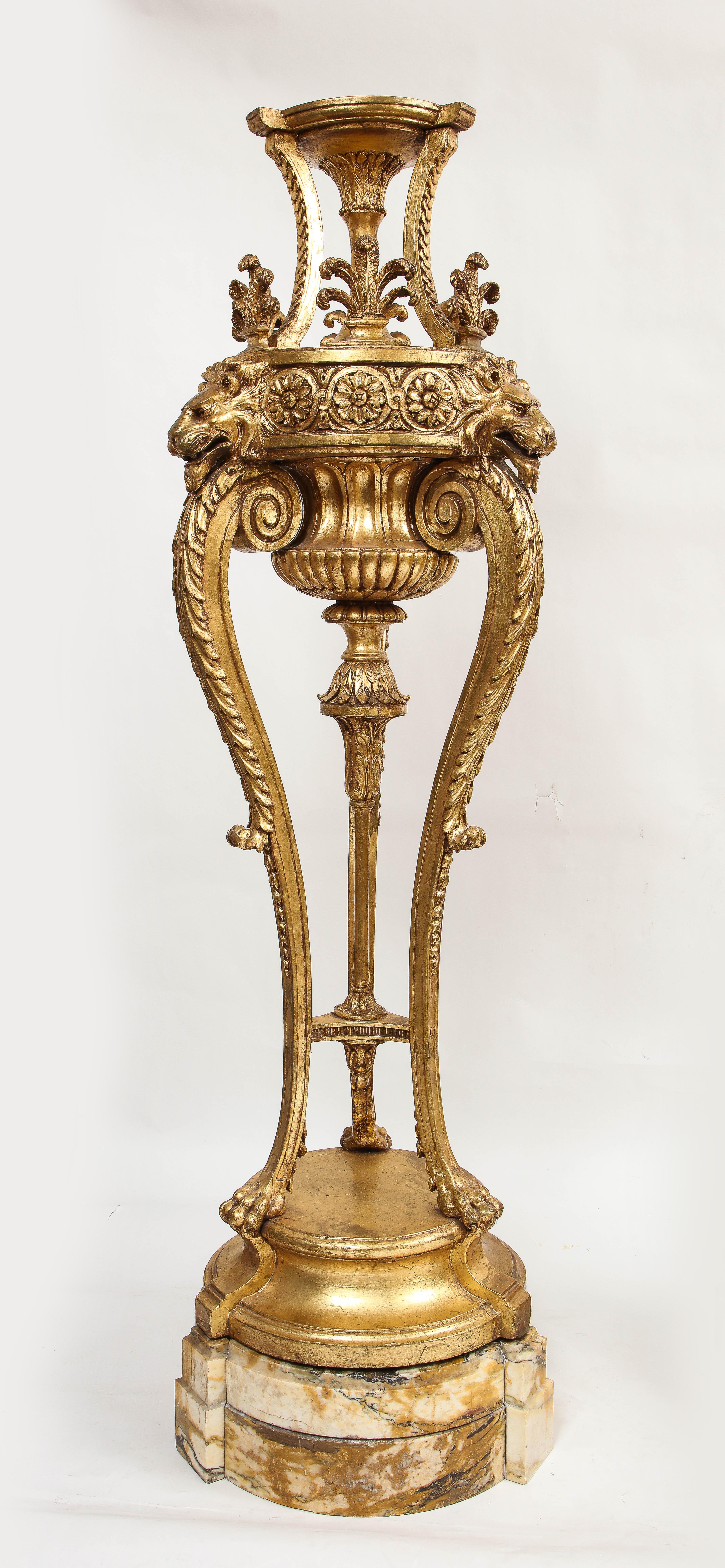 Hand-Carved A Pair of Monumental 19th Century Giltwood Torchieres with Original Marble Bases