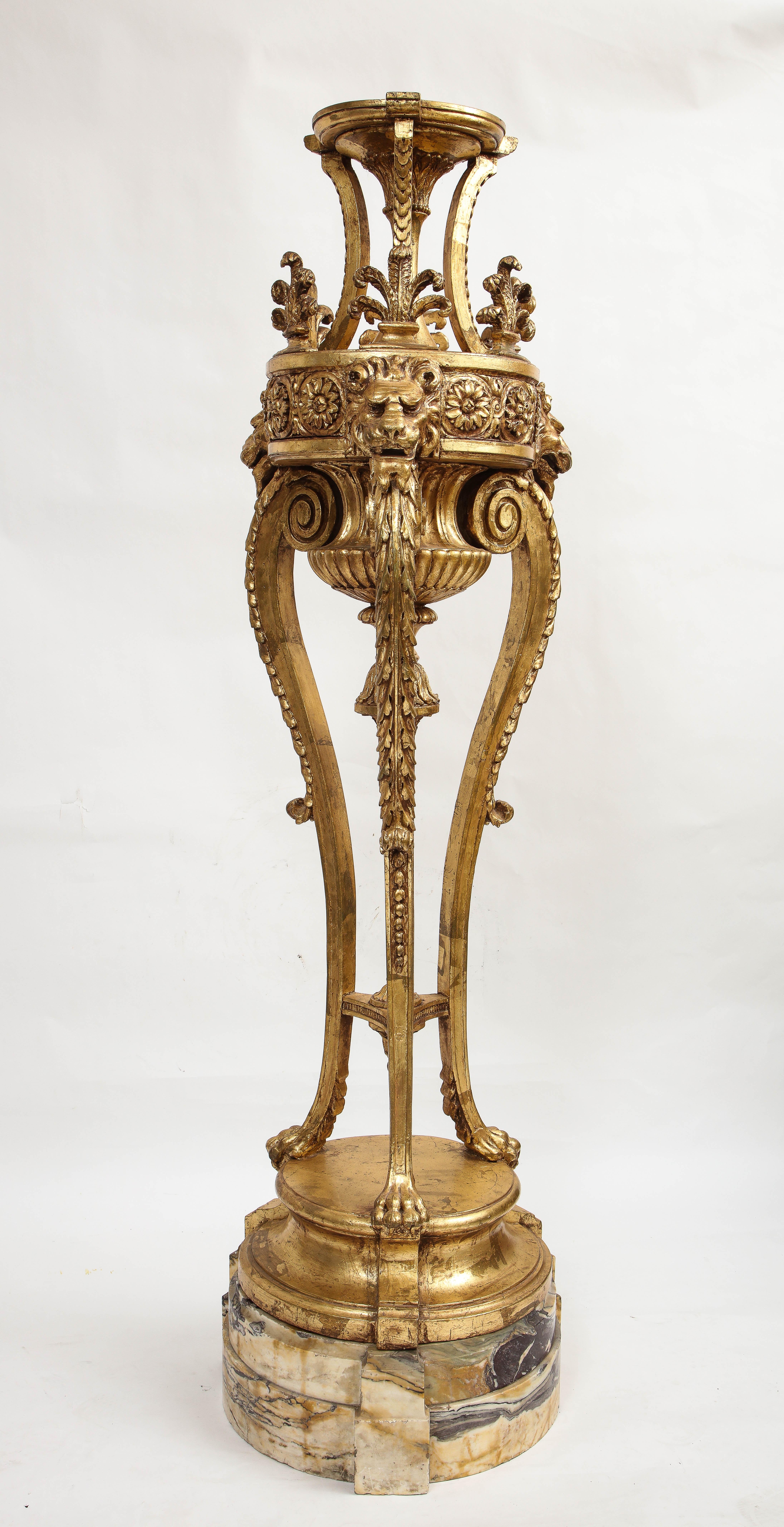 A Pair of Monumental 19th Century Giltwood Torchieres with Original Marble Bases In Good Condition In New York, NY