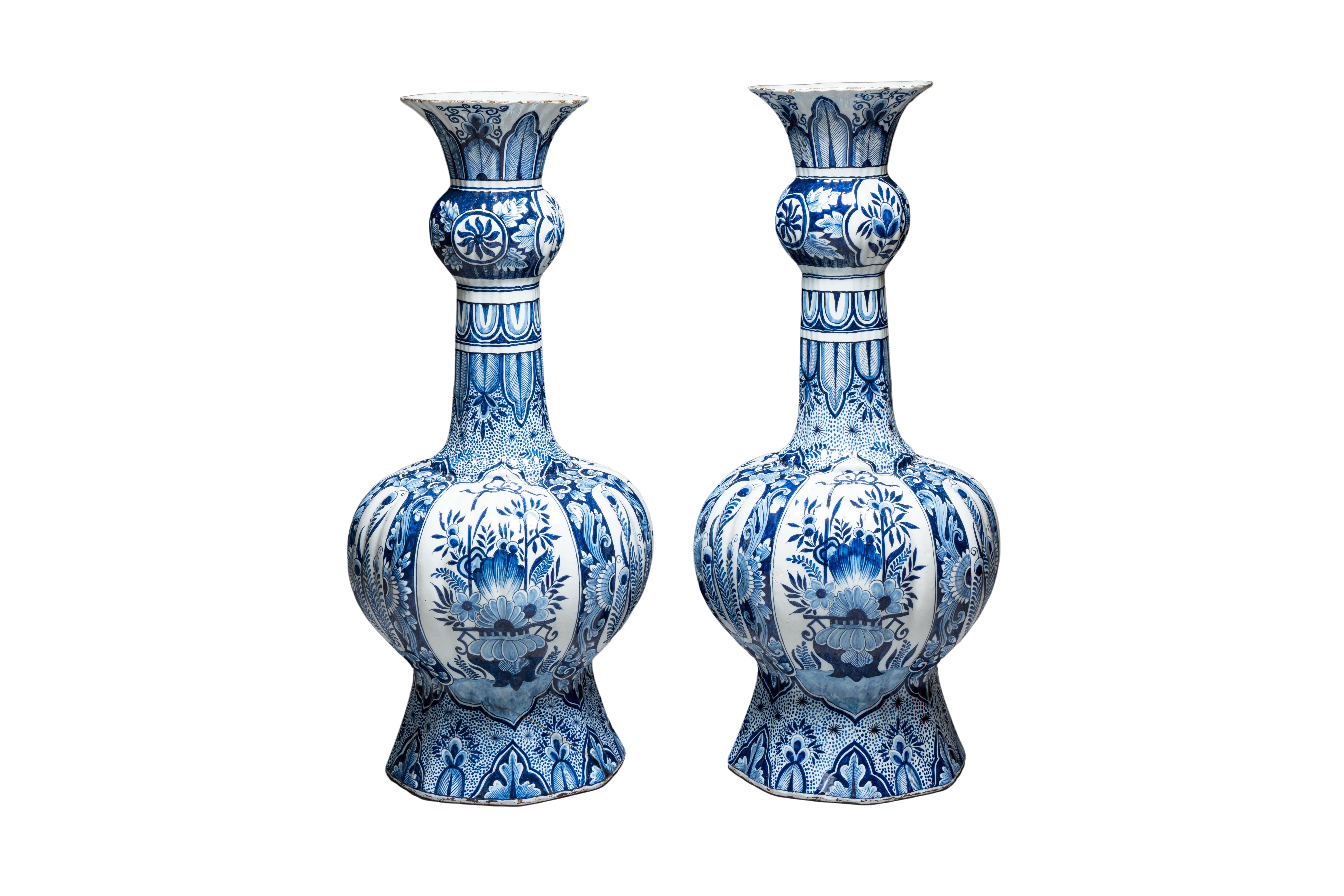 Glazed A pair of monumental blue and white Delftware vases from the 19th century For Sale