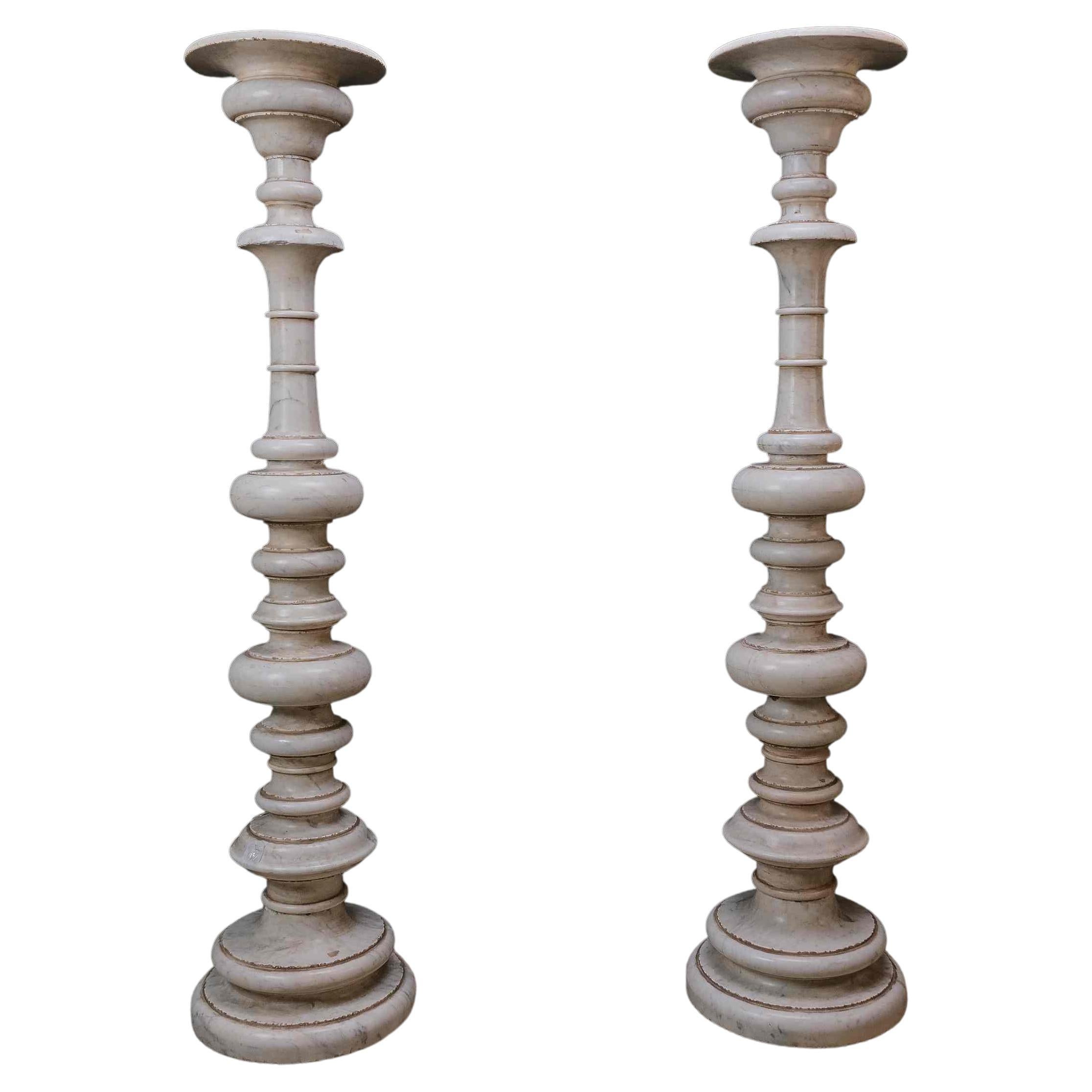 Pair of Monumental Carrara Marble Candlesticks, Rome, 17th Century For Sale
