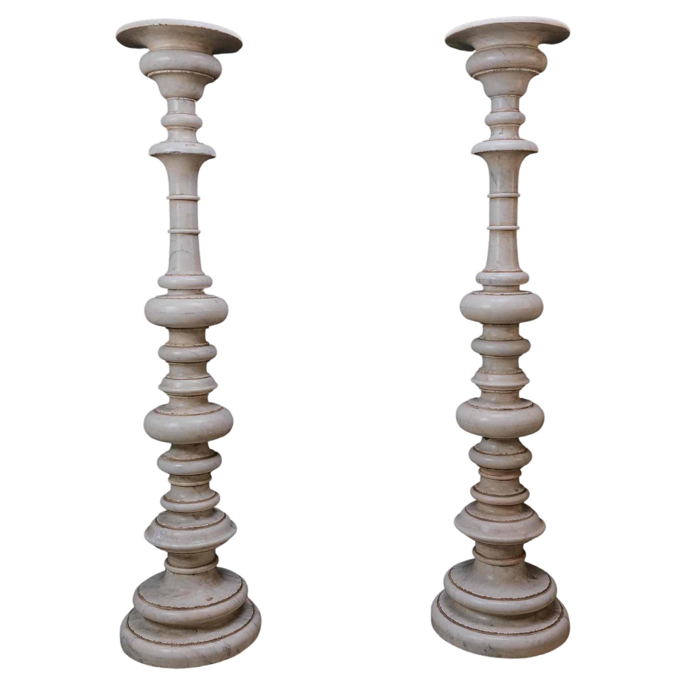 Pair of Monumental Carrara Marble Candlesticks, Rome, 17th Century