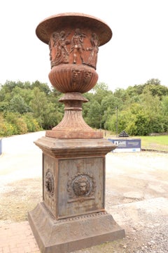 Pair of Monumental Cast Iron Garden Urns on Plinths, in the Classical Style