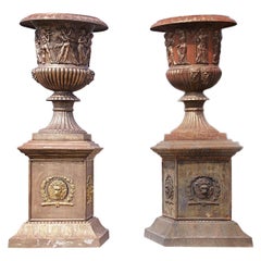 Vintage Pair of Monumental Cast Iron Garden Urns on Plinths, in the Classical Style