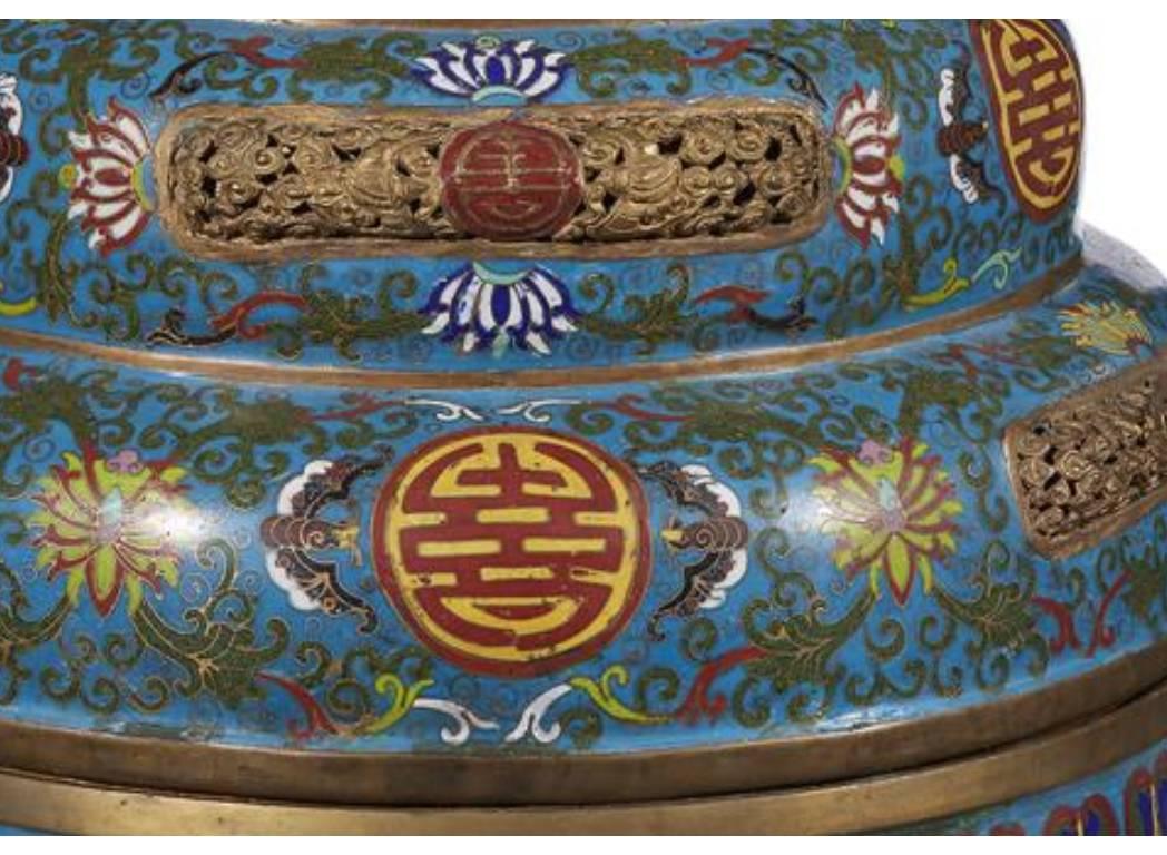 Metal Pair of Massive Chinese Blue Cloisonné Enamel Censers, Early 20th Century