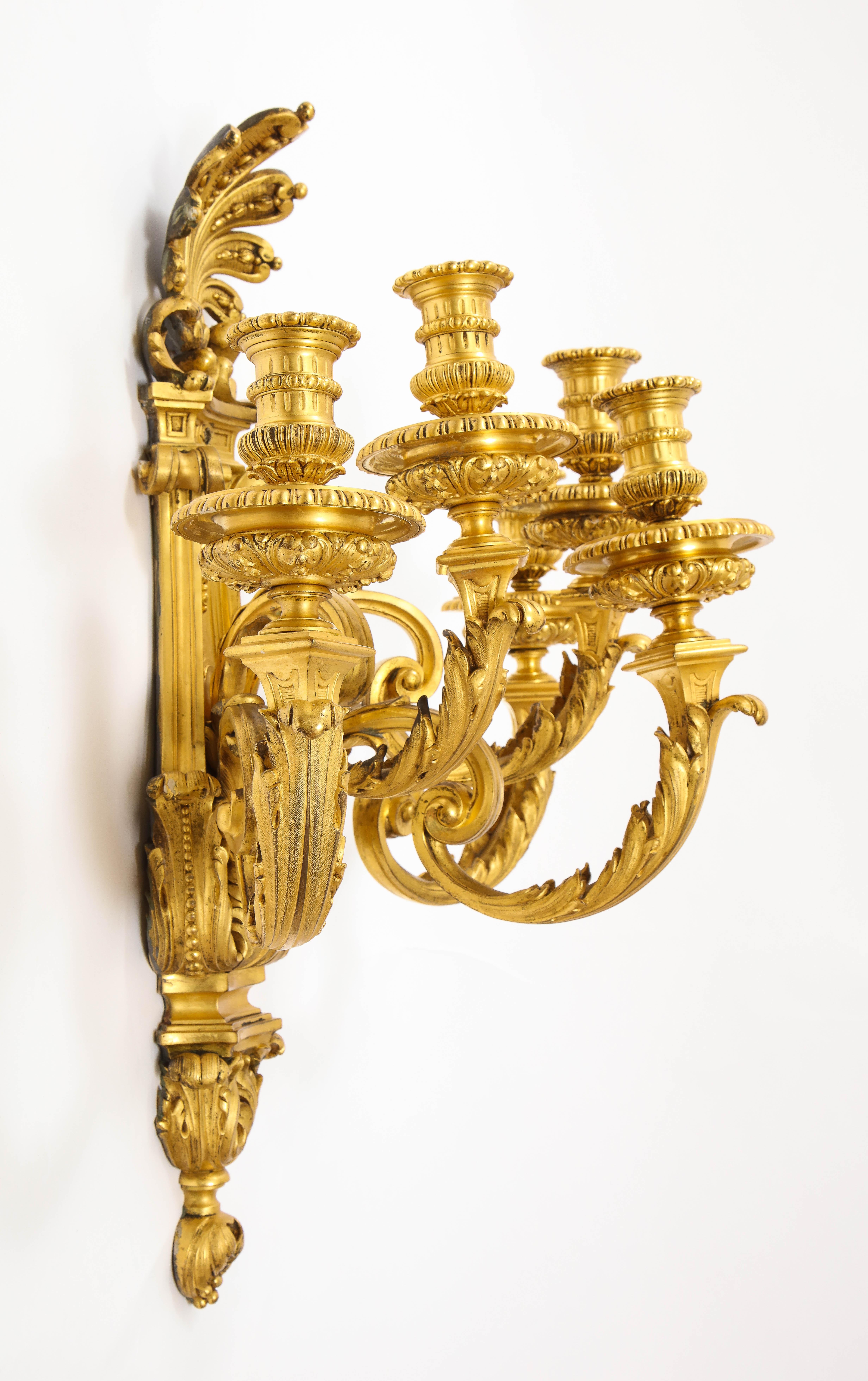 Pair of Monumental French Louis XVI Style Five-Arm Dore Bronze Sconces For Sale 5