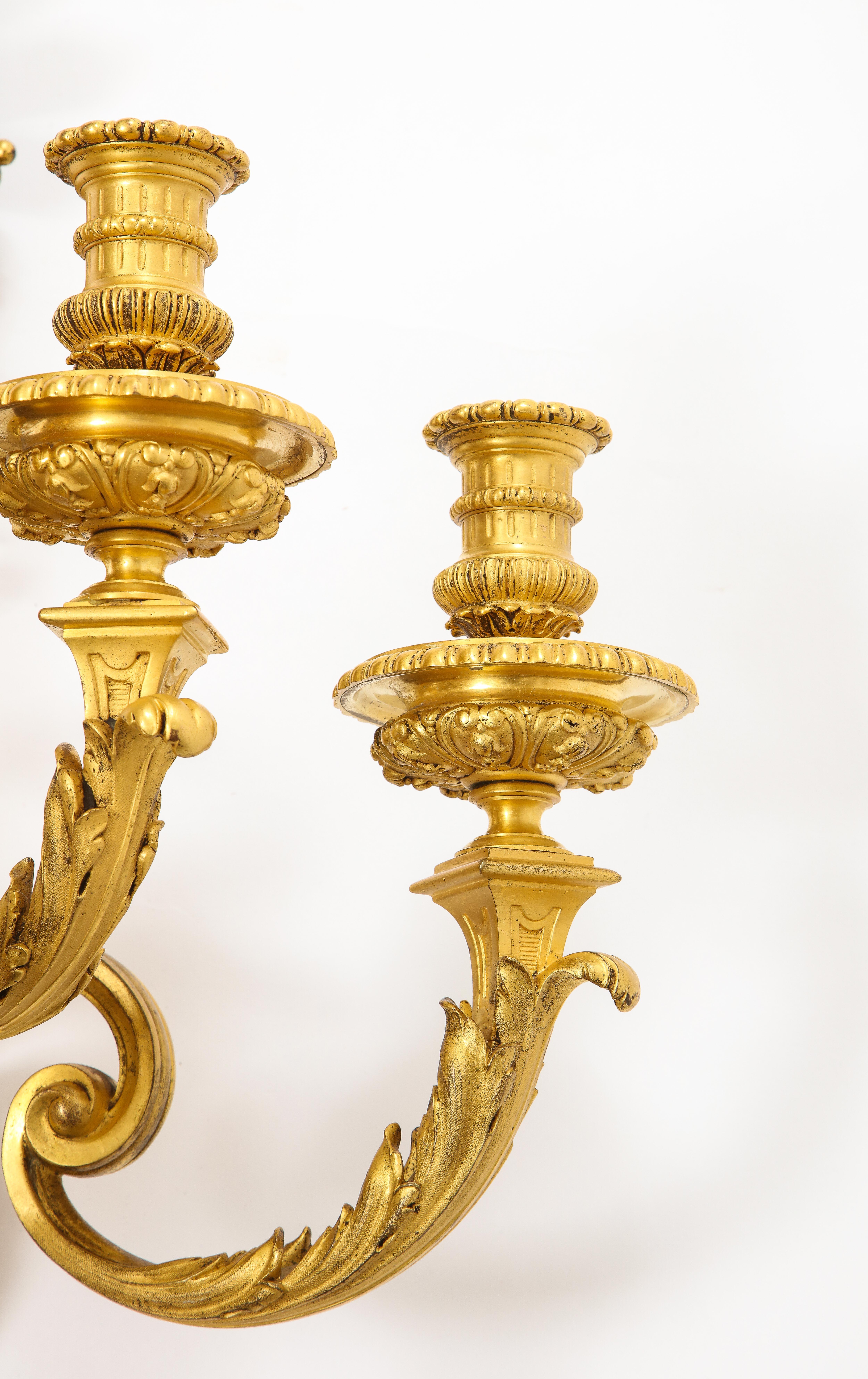 Pair of Monumental French Louis XVI Style Five-Arm Dore Bronze Sconces For Sale 8