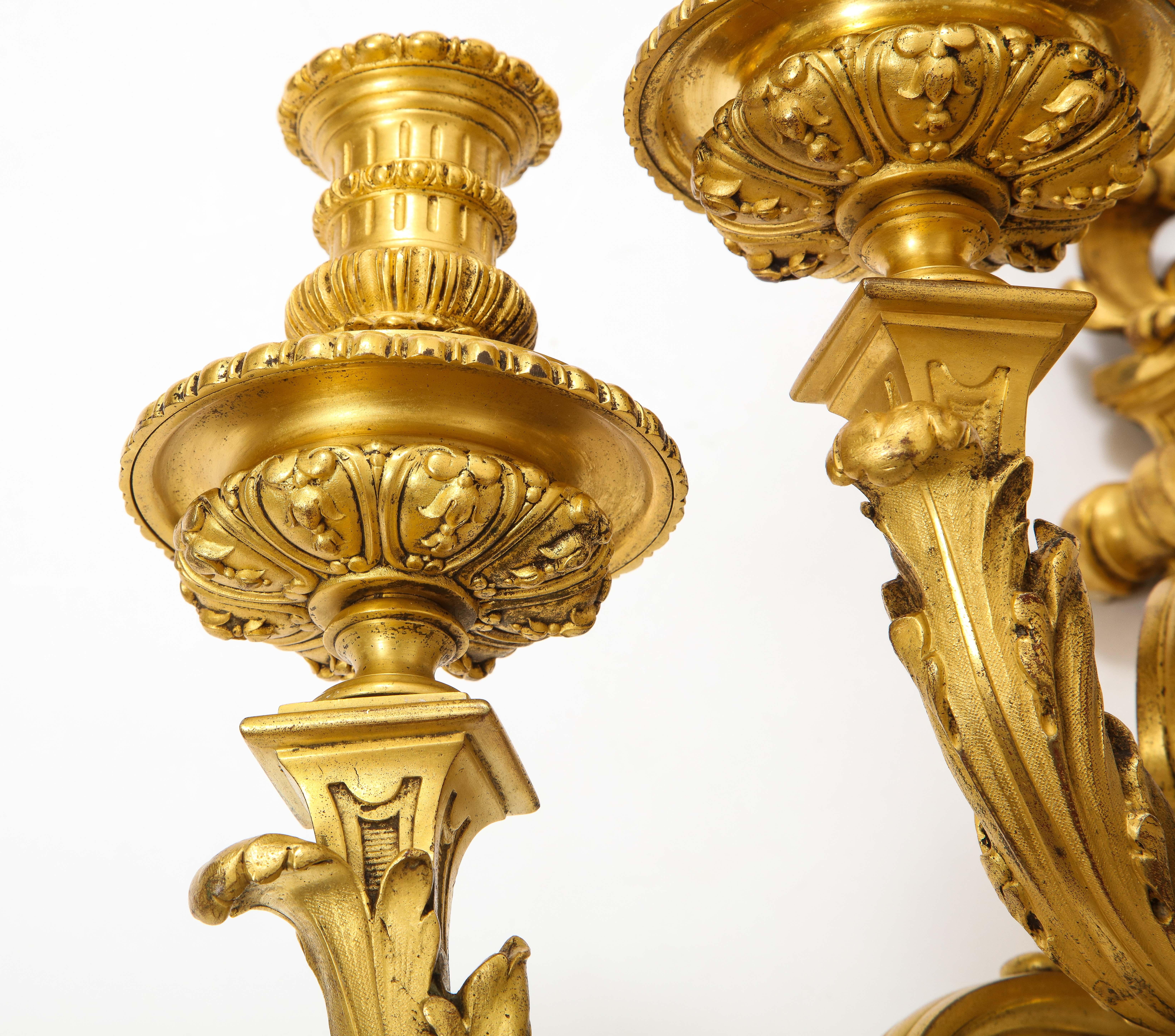 Pair of Monumental French Louis XVI Style Five-Arm Dore Bronze Sconces For Sale 9
