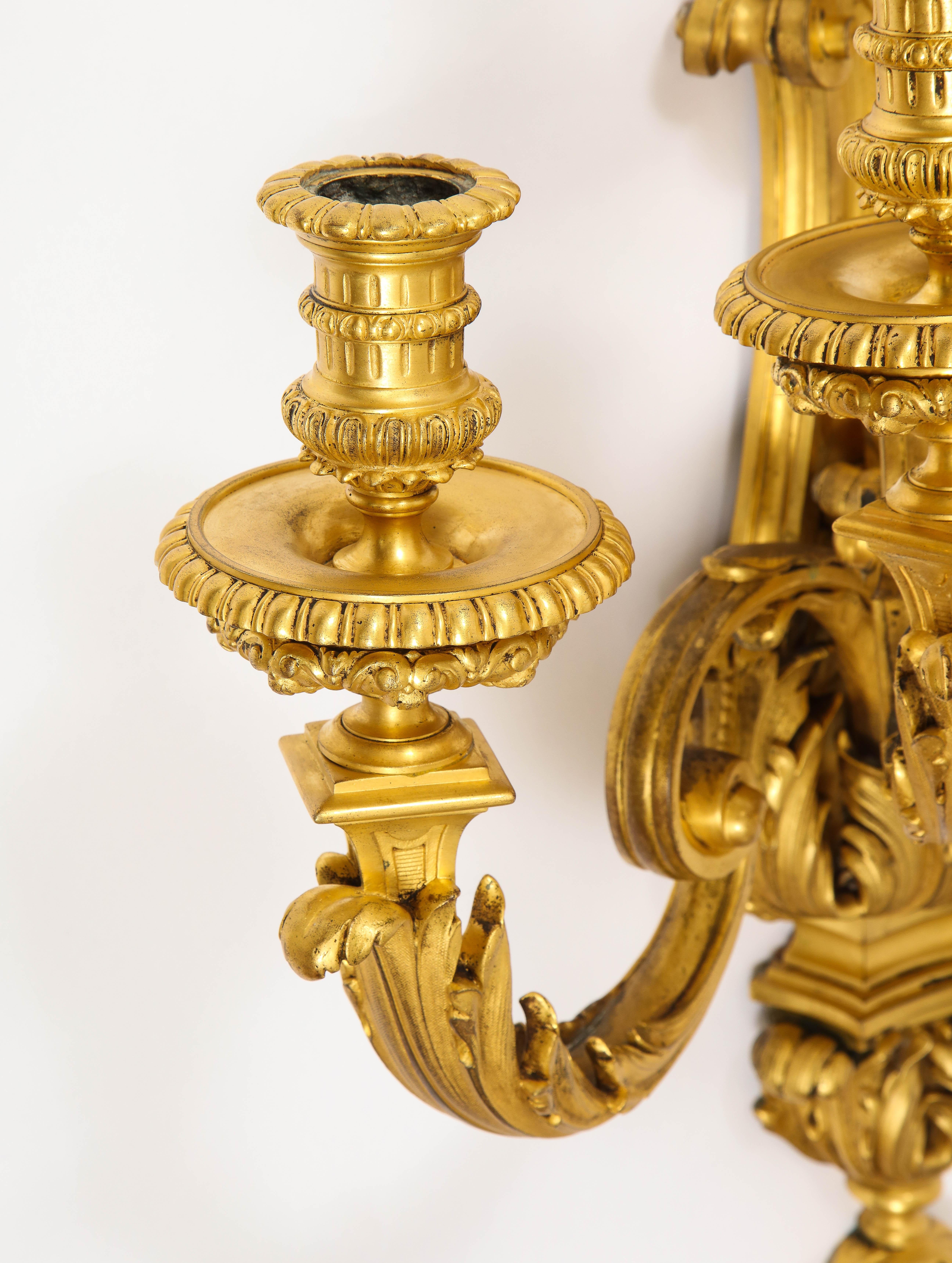 Pair of Monumental French Louis XVI Style Five-Arm Dore Bronze Sconces For Sale 10