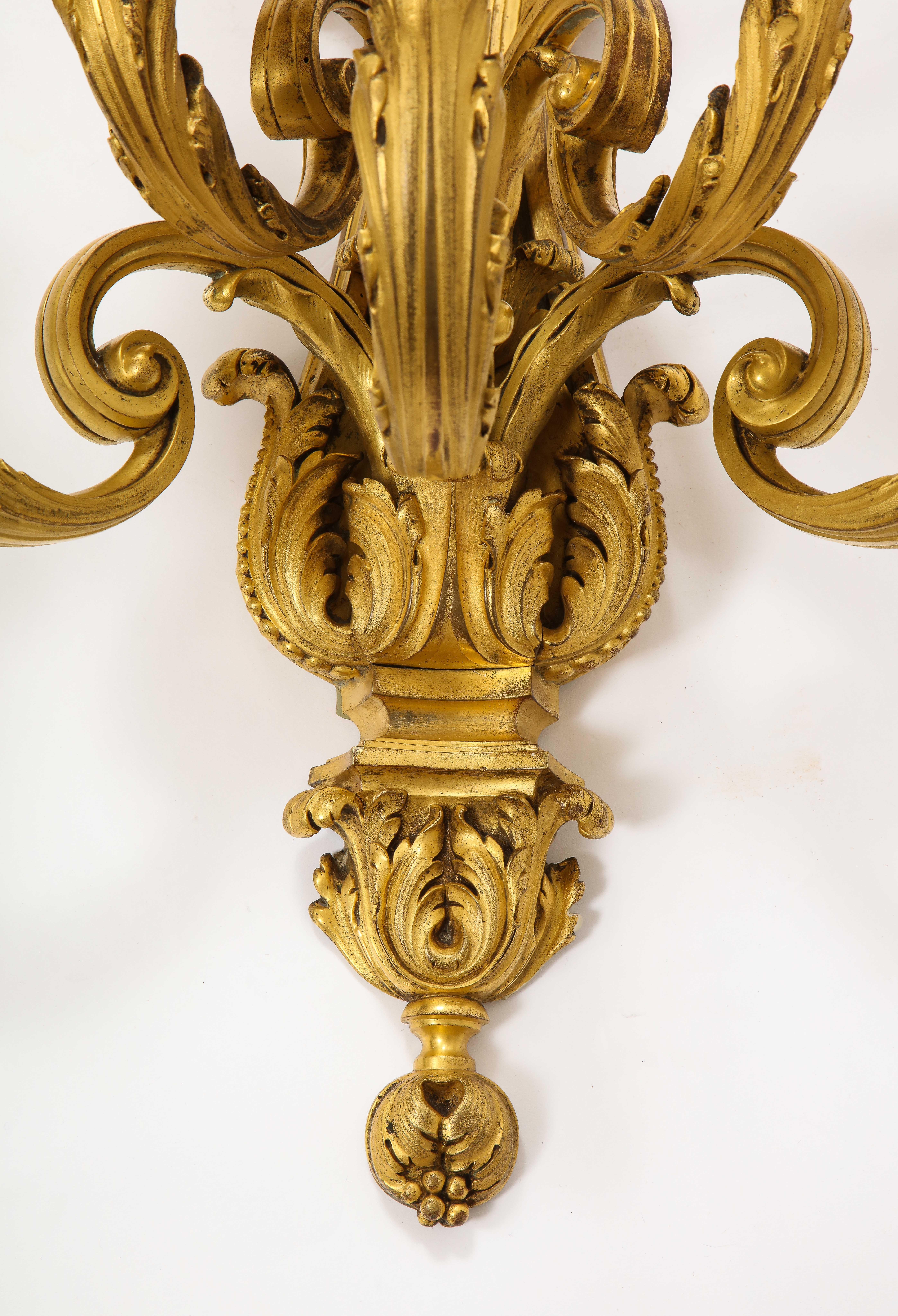 Pair of Monumental French Louis XVI Style Five-Arm Dore Bronze Sconces For Sale 12