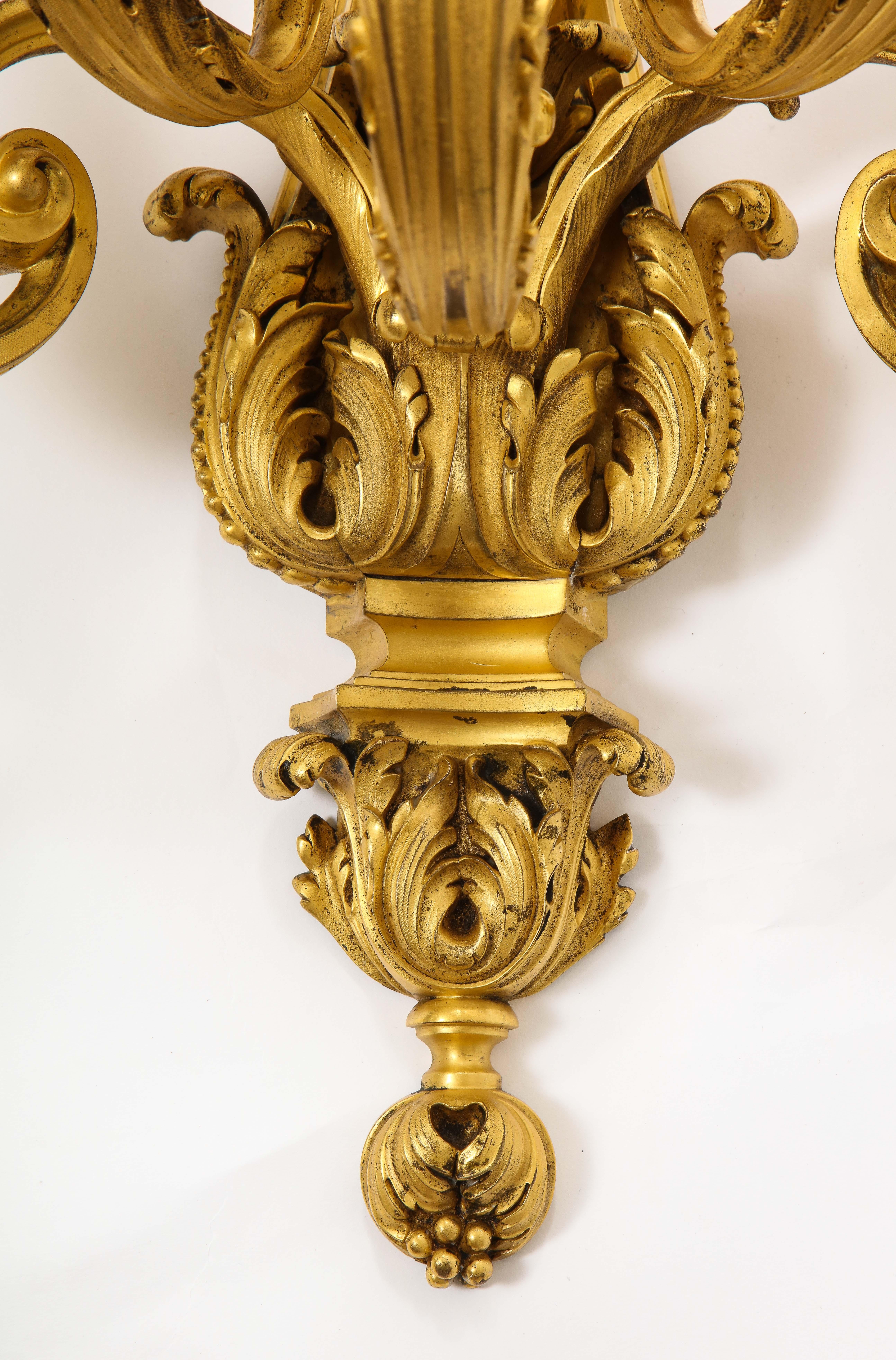 Pair of Monumental French Louis XVI Style Five-Arm Dore Bronze Sconces For Sale 13