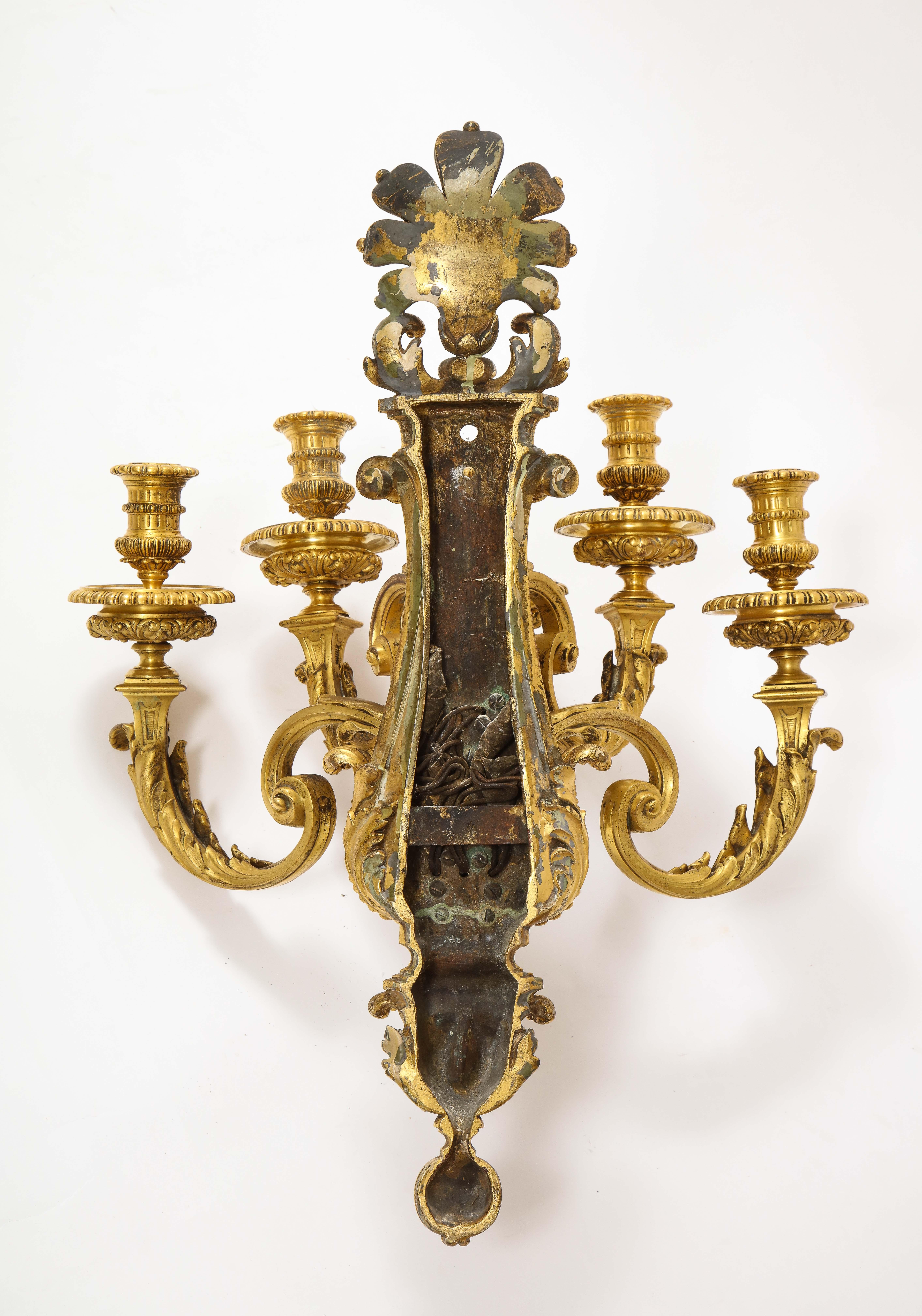 Pair of Monumental French Louis XVI Style Five-Arm Dore Bronze Sconces For Sale 15