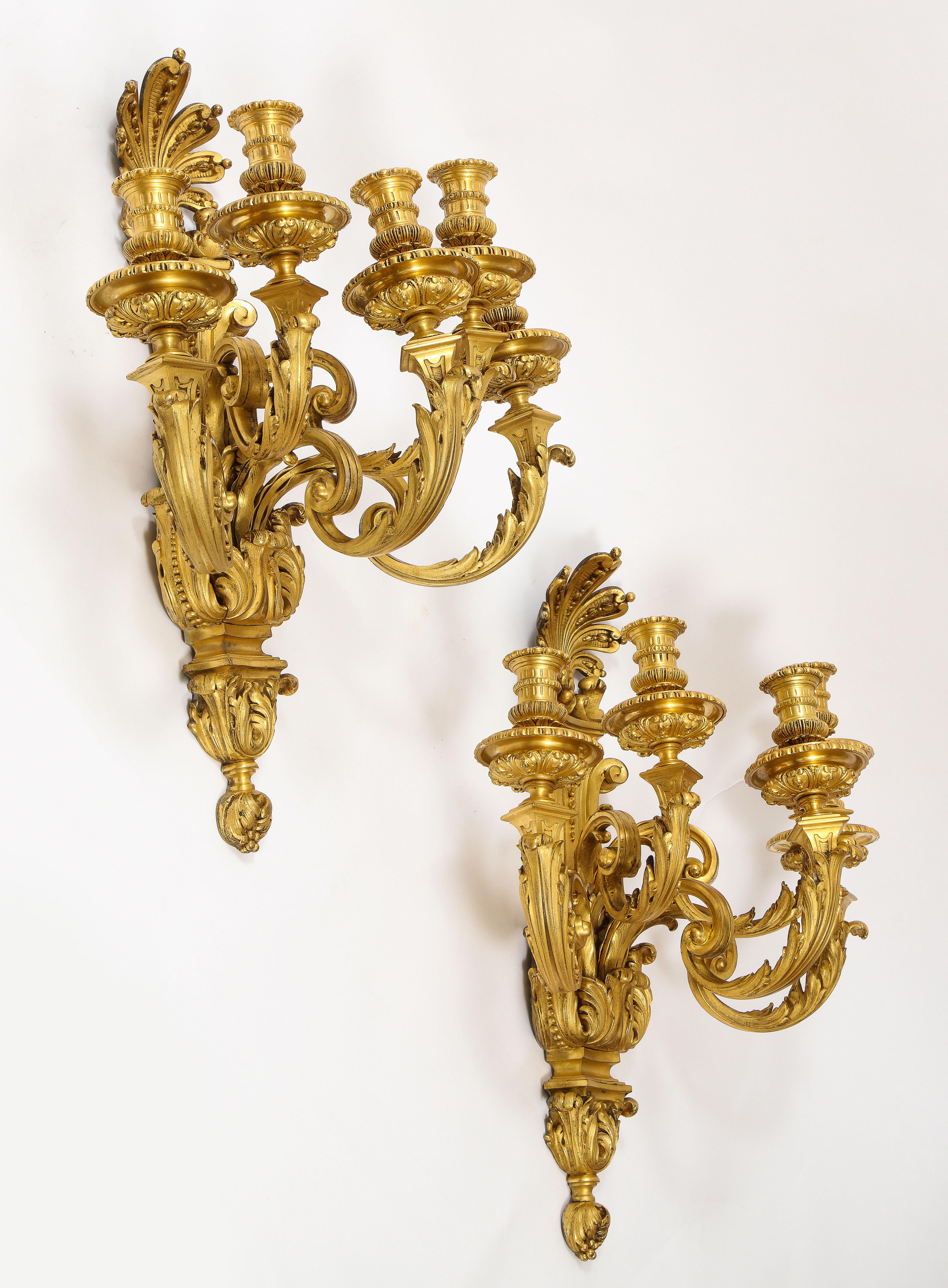 Gilt Pair of Monumental French Louis XVI Style Five-Arm Dore Bronze Sconces For Sale