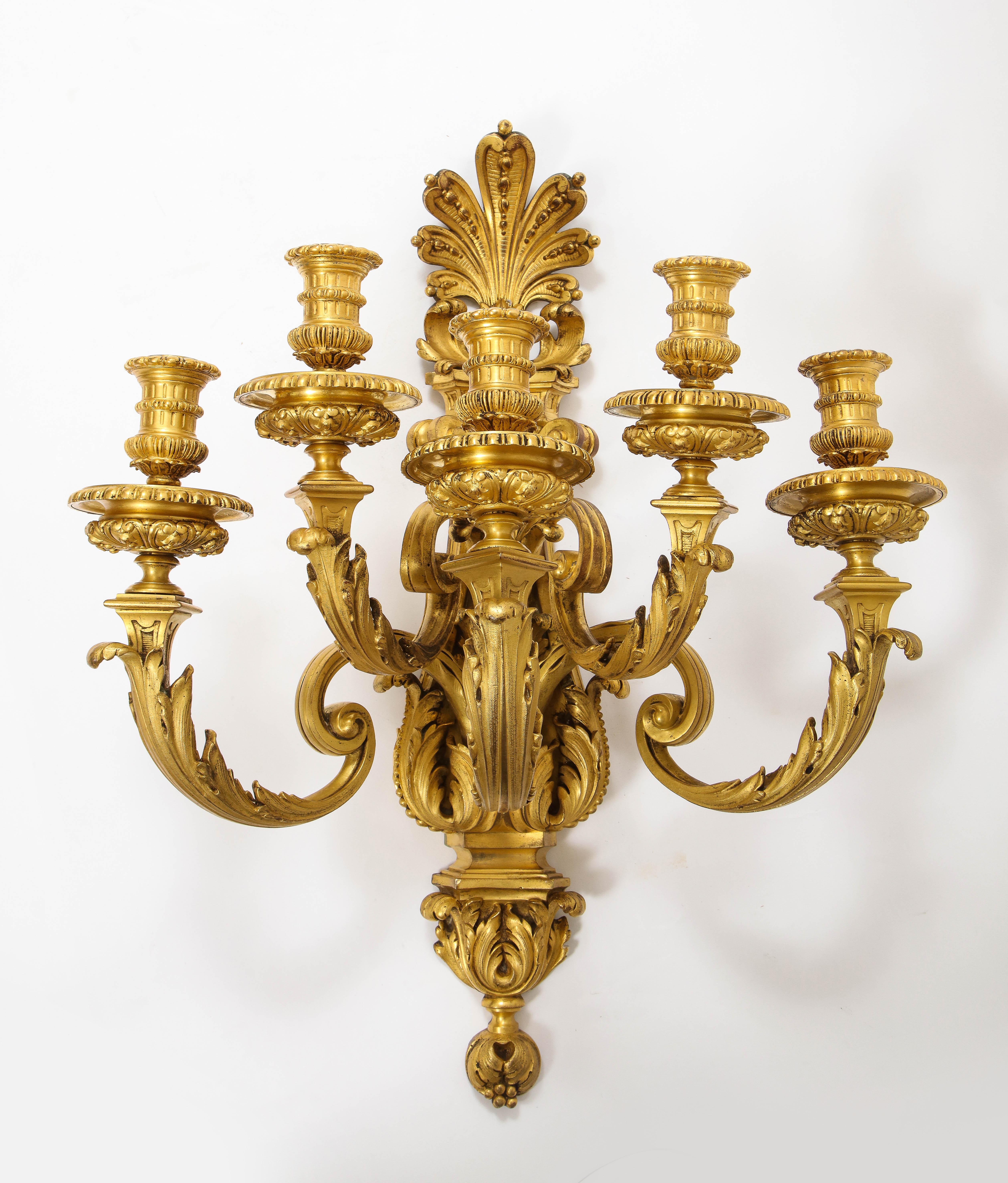 Pair of Monumental French Louis XVI Style Five-Arm Dore Bronze Sconces In Good Condition For Sale In New York, NY