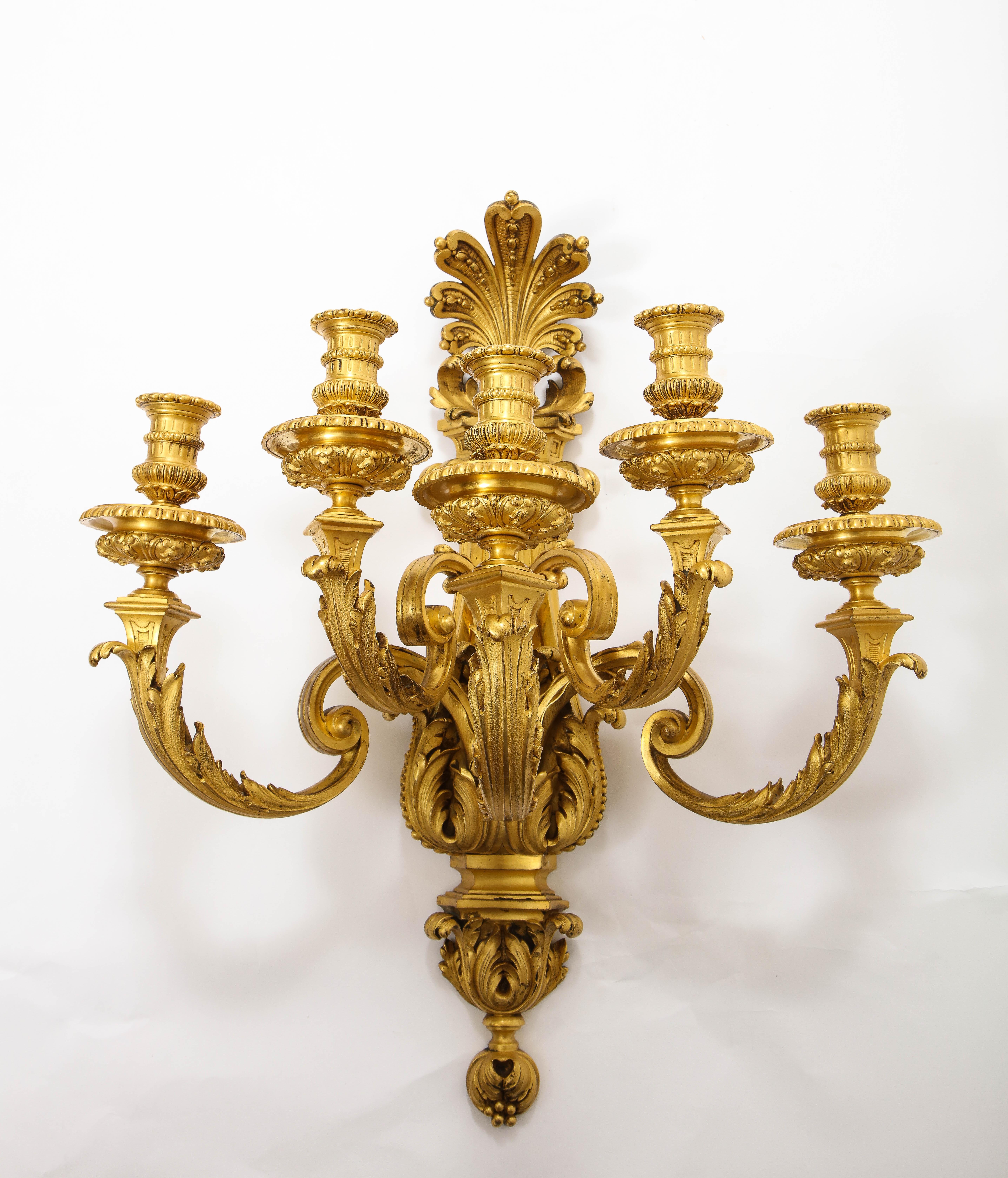 Late 19th Century Pair of Monumental French Louis XVI Style Five-Arm Dore Bronze Sconces For Sale