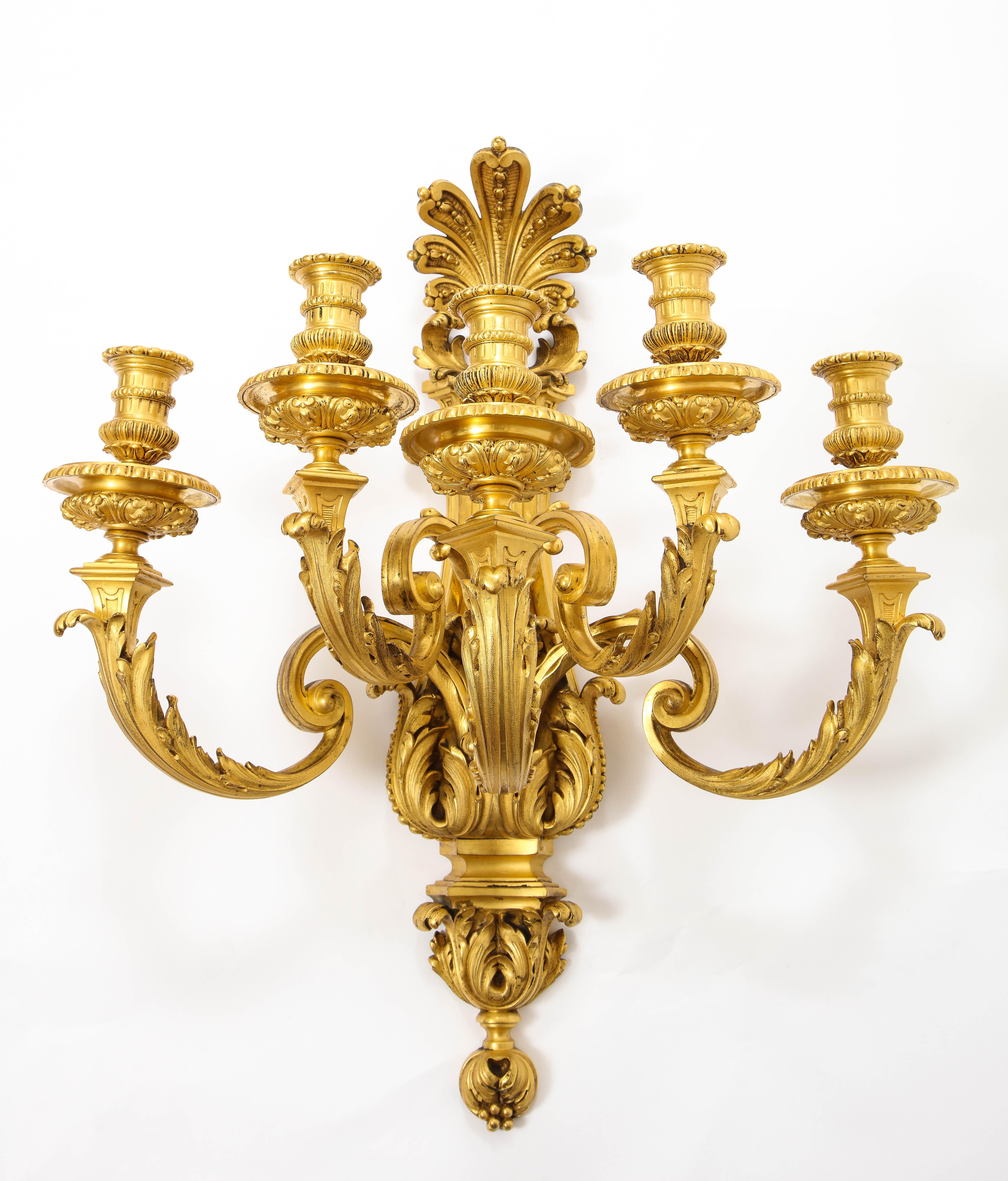 Pair of Monumental French Louis XVI Style Five-Arm Dore Bronze Sconces For Sale 1