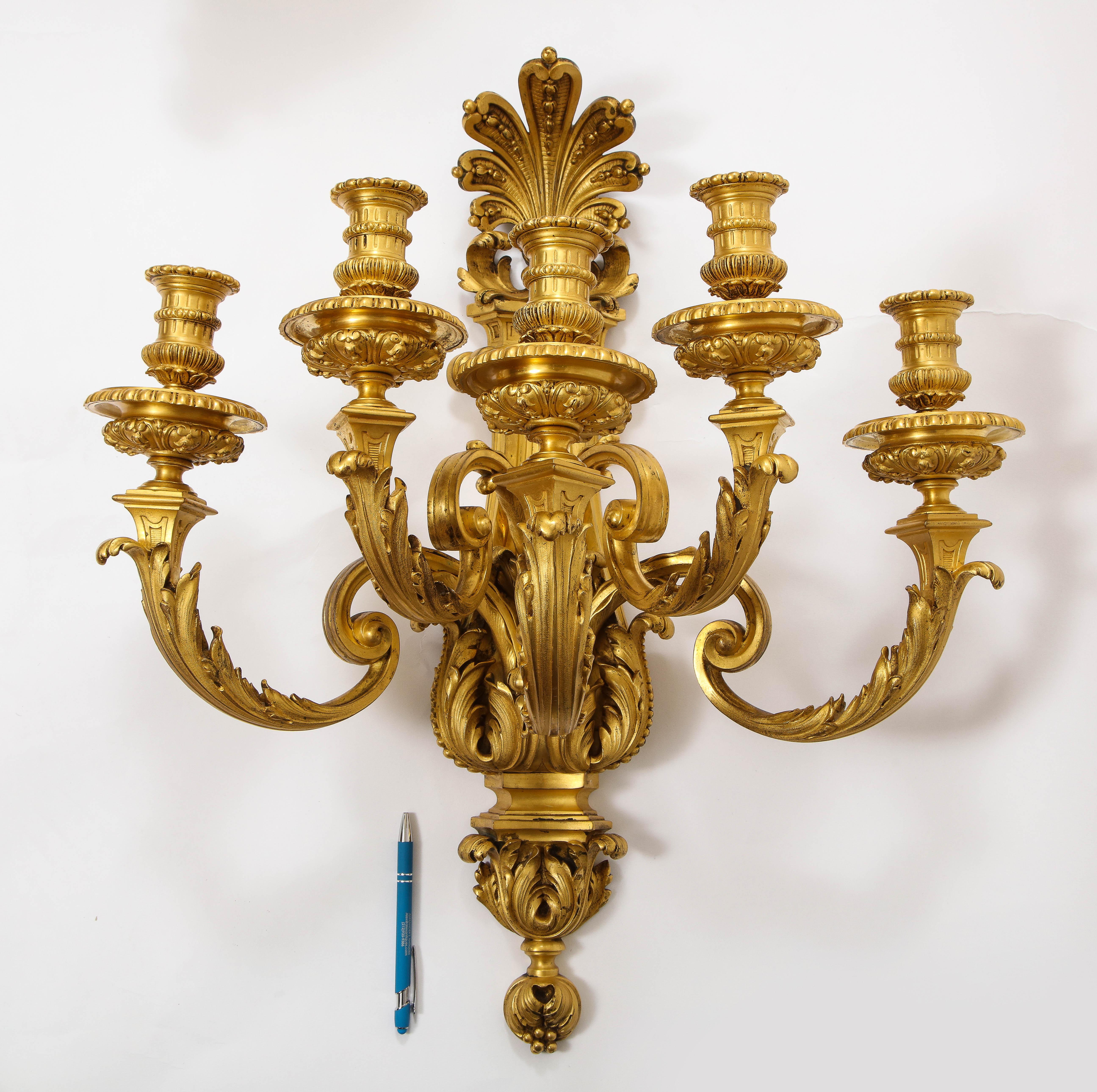 Pair of Monumental French Louis XVI Style Five-Arm Dore Bronze Sconces For Sale 2