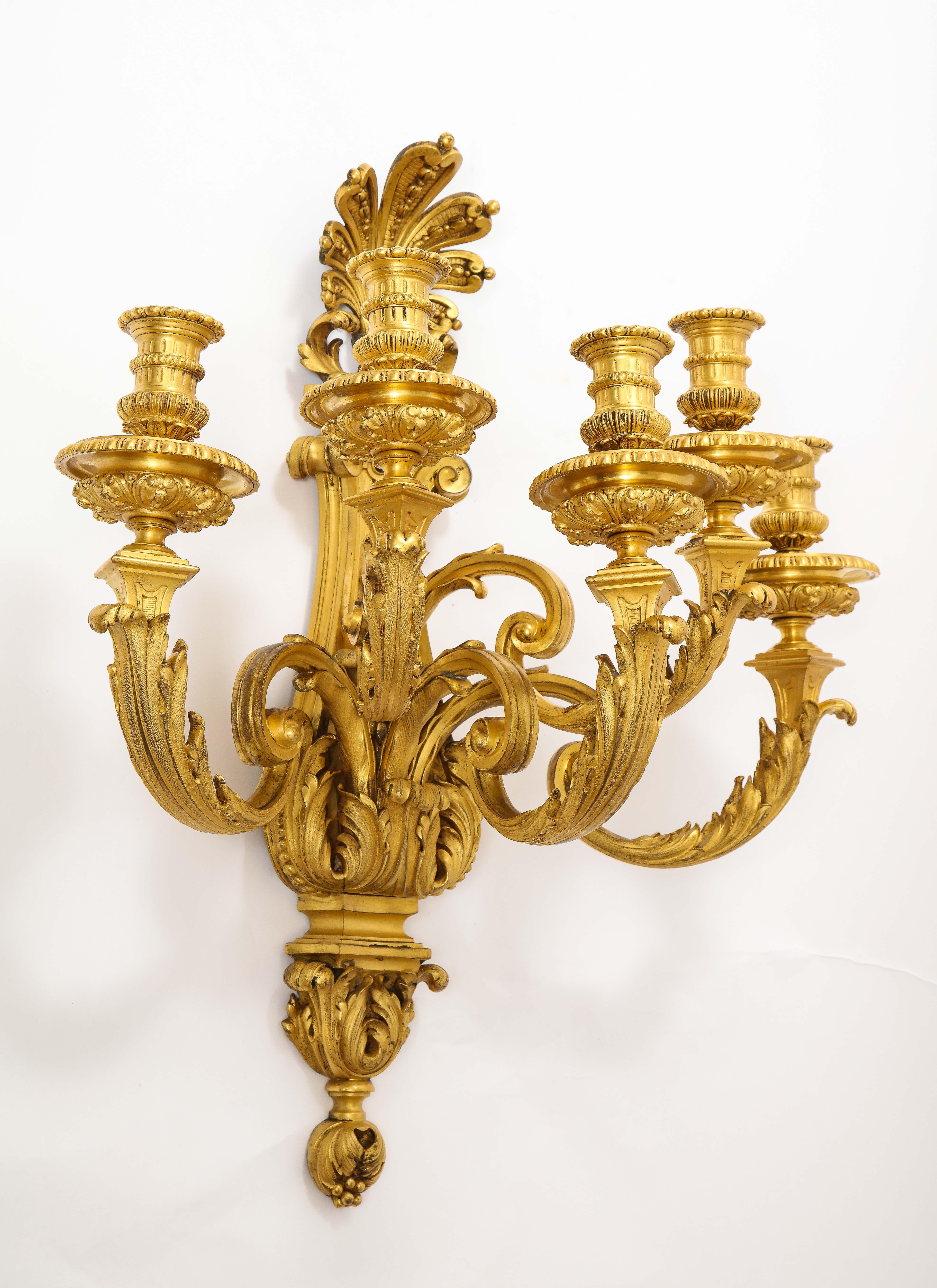 Pair of Monumental French Louis XVI Style Five-Arm Dore Bronze Sconces For Sale 3