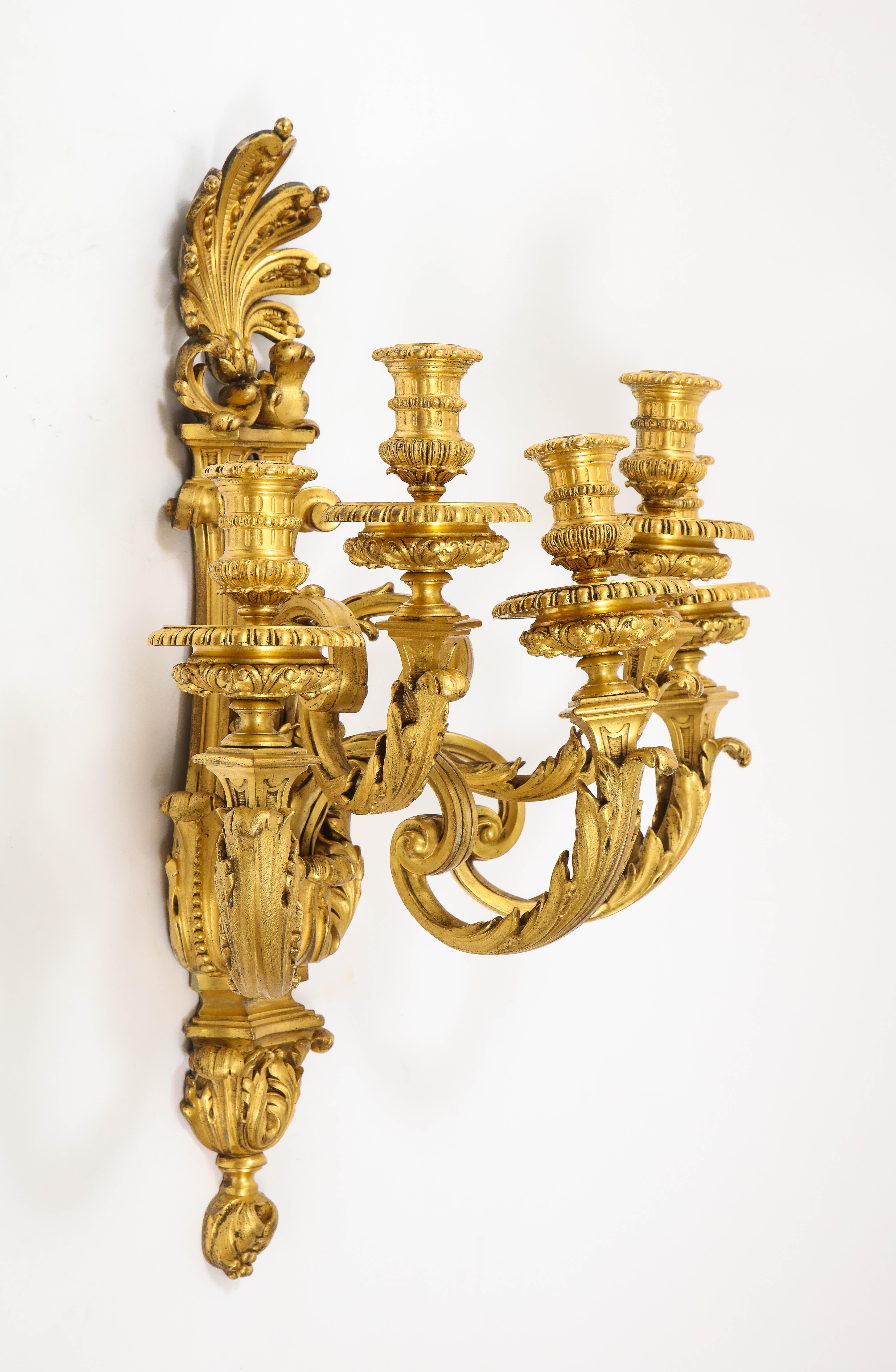 Pair of Monumental French Louis XVI Style Five-Arm Dore Bronze Sconces For Sale 4
