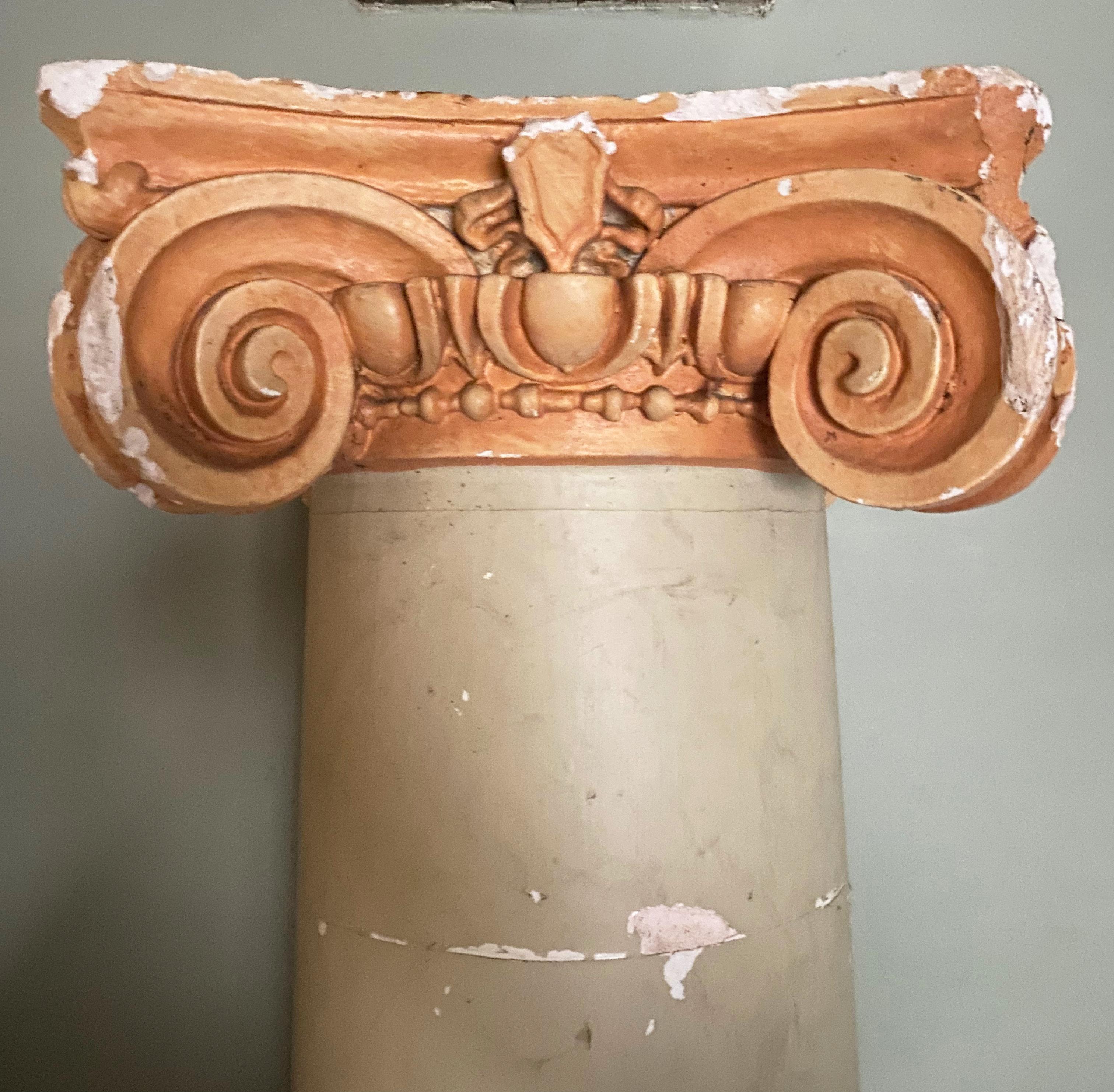 A pair of monumental French painted plaster classical columns with Corinthian capitals. Original country house condition with a lot of age related knocks, chips and loss. These could be quite easily restored but they look wonderful as they