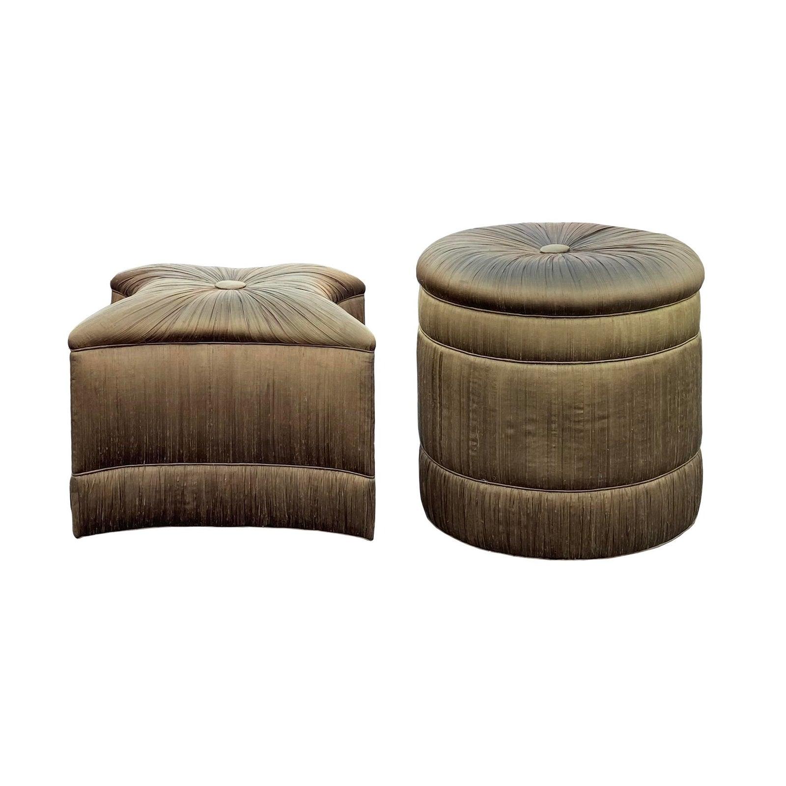 A gorgeous unique pair of grand large silk brown pleated custom ottomans with button tufts, Hollywood regency or art deco style. They fit beautifully into each other and the scale is quite large - make sure you note the measurements. Both ottomans