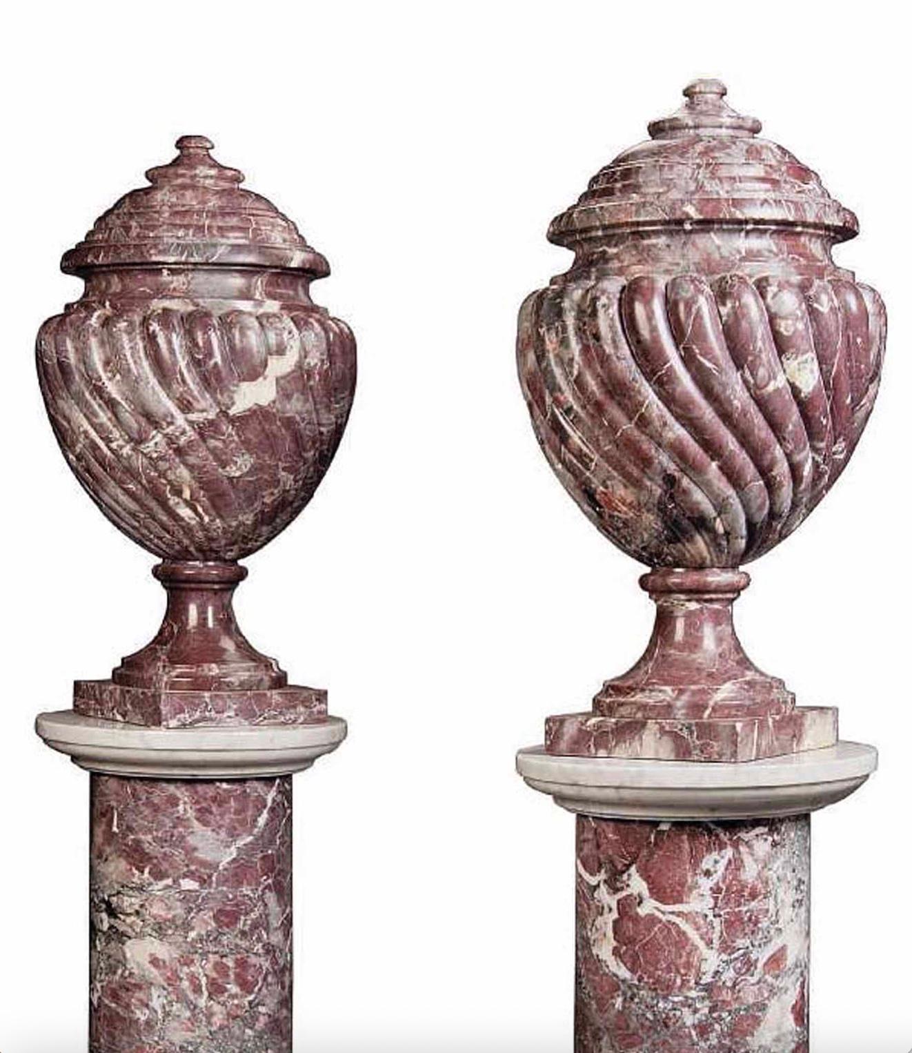 20th Century Pair of Monumental Italian Breche Violette Marble Vases and Pedestals For Sale