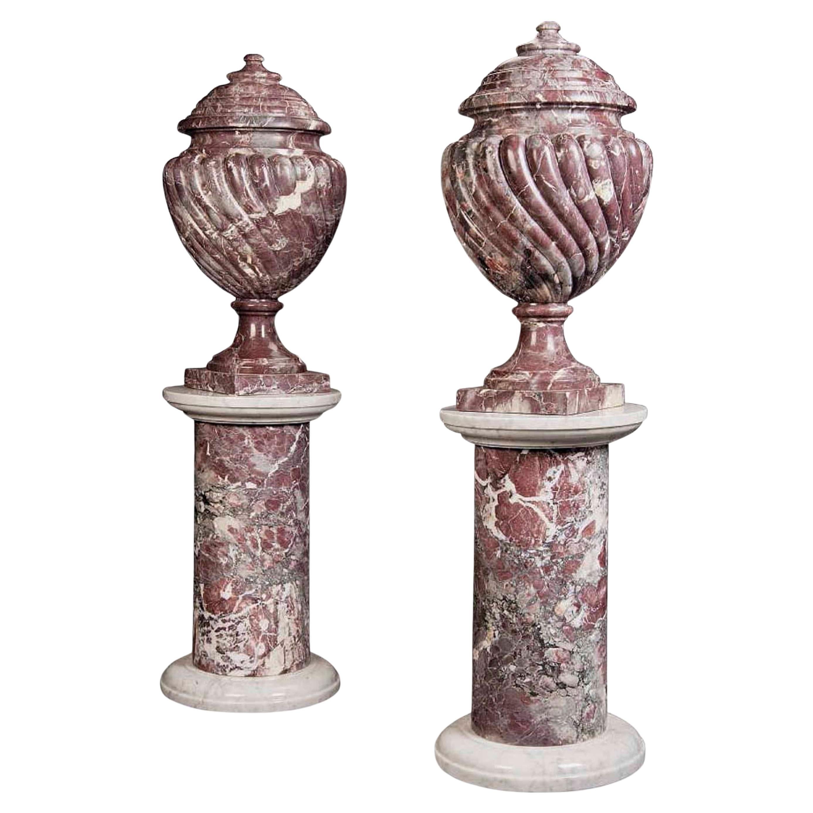 Pair of Monumental Italian Breche Violette Marble Vases and Pedestals For Sale