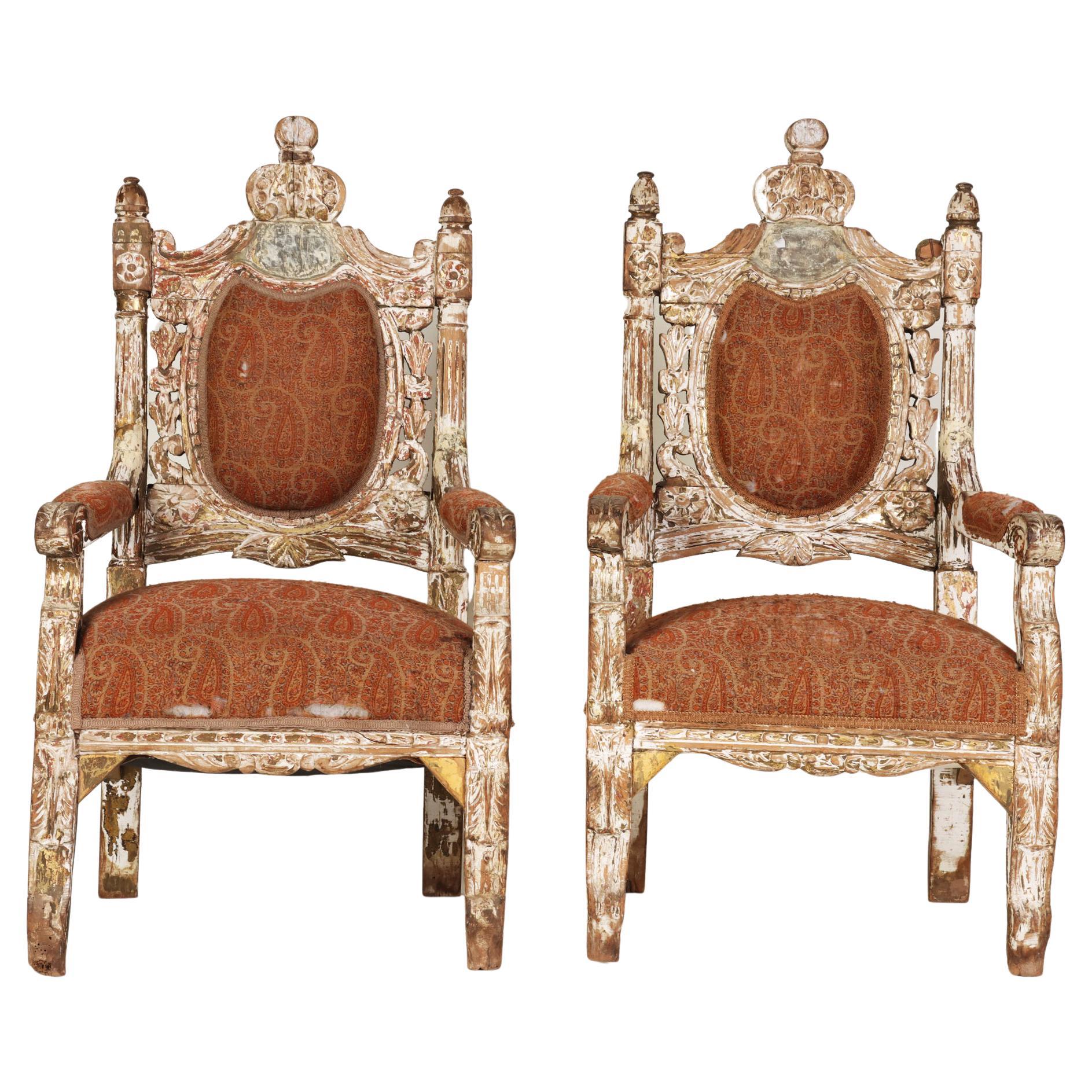 Pair of Monumental Italian Throne Style Carved Armchairs, Early 19th C