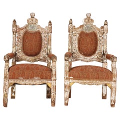Pair of Monumental Italian Throne Style Carved Armchairs, Early 19th C