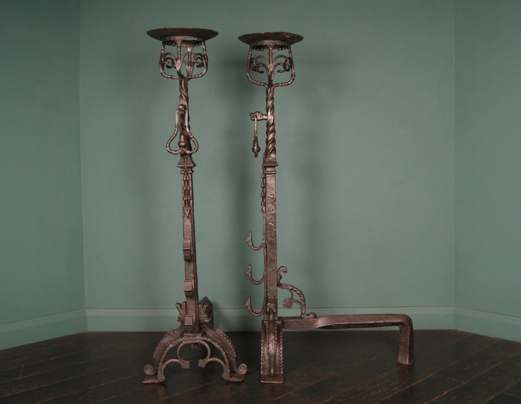 Gothic Revival A Pair of Monumental Neo-Gothic Wrought-Iron Fireplace Andirons Fire Dogs For Sale