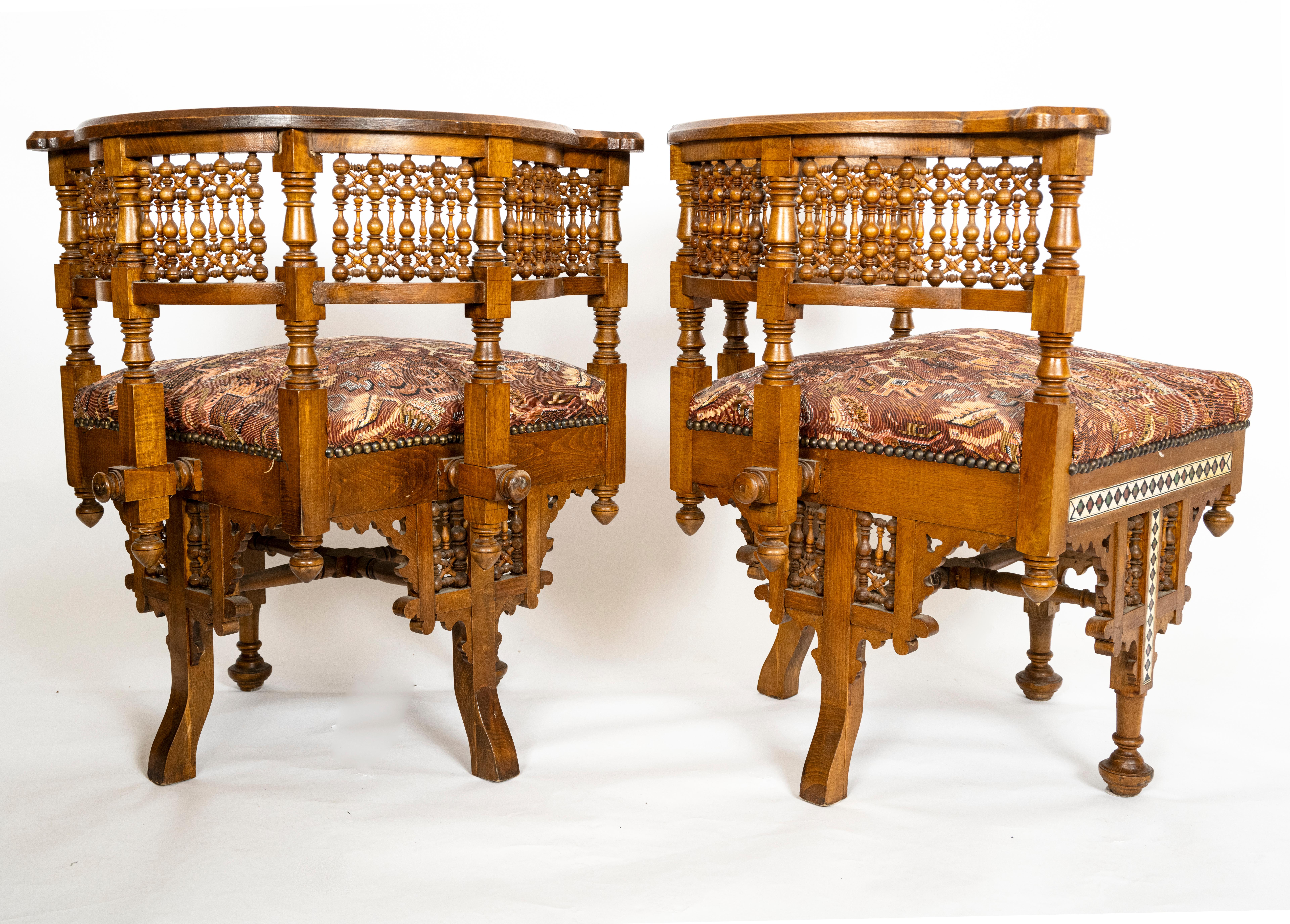 Fretwork A Pair of Moorish-Style American Open Arm Chairs For Sale