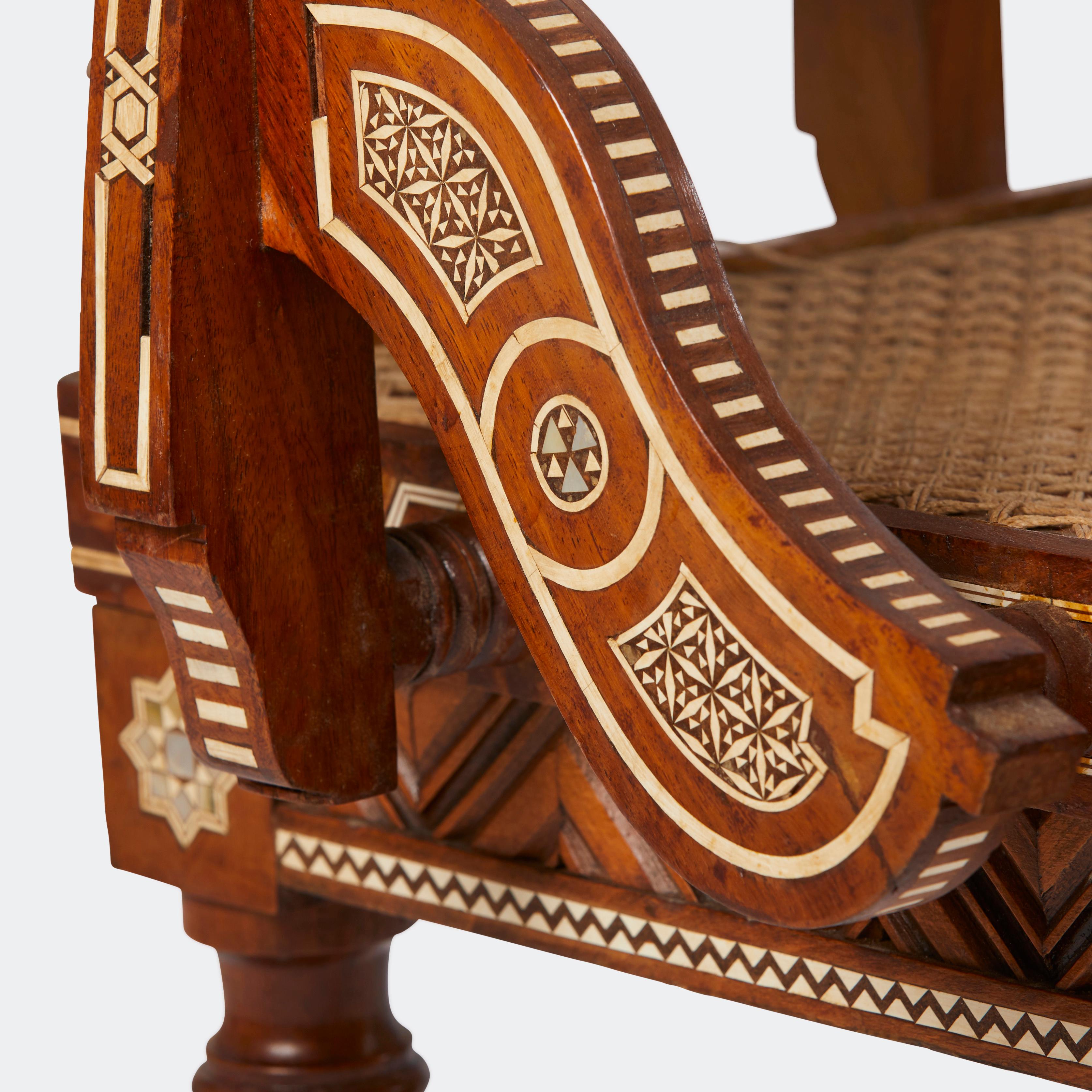 Caning Pair of Moroccan Inlaid Rosewood Chairs