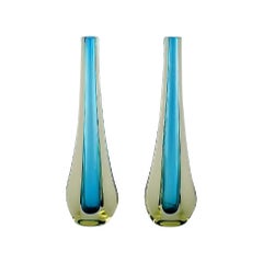 Pair of Murano Vases in Light Blue and Smoke Colored, Mouth Blown Art Glass