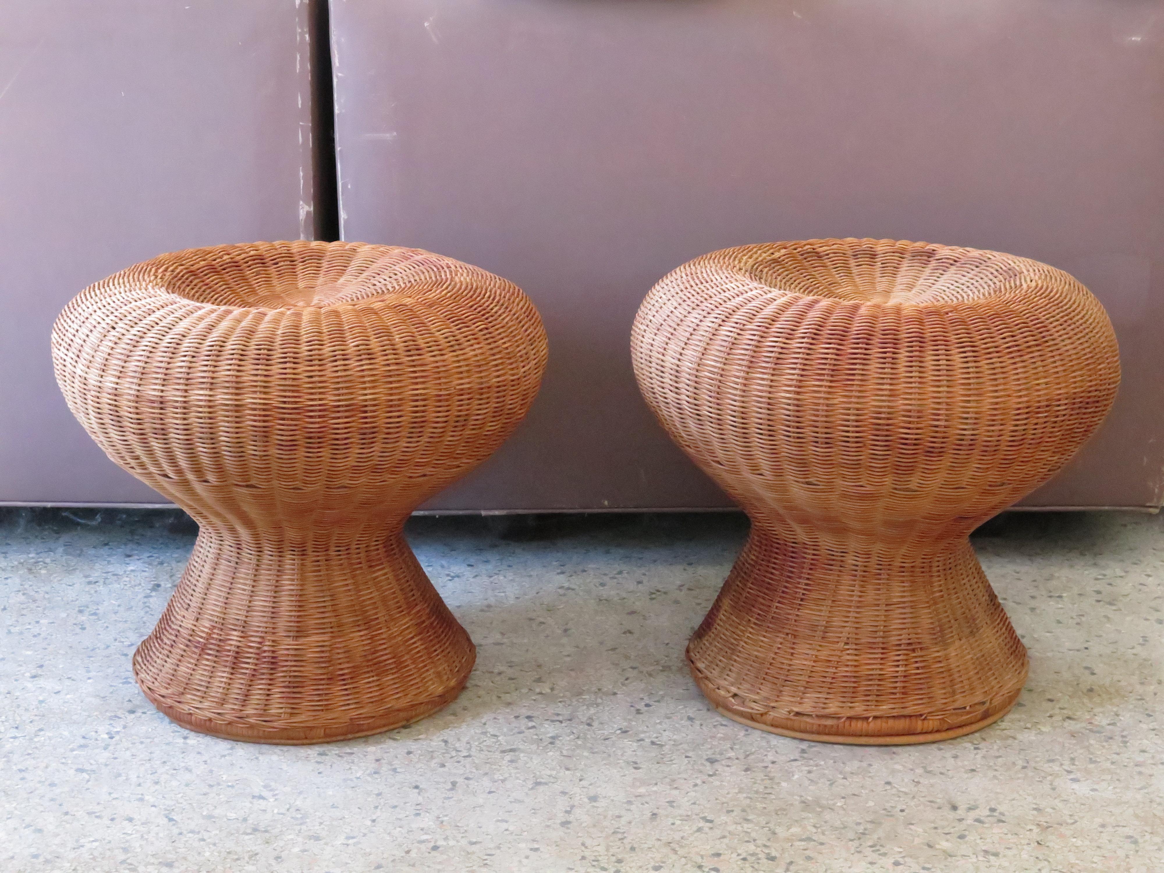 A pair of funky mushroom wicker stools, circa 1970s.