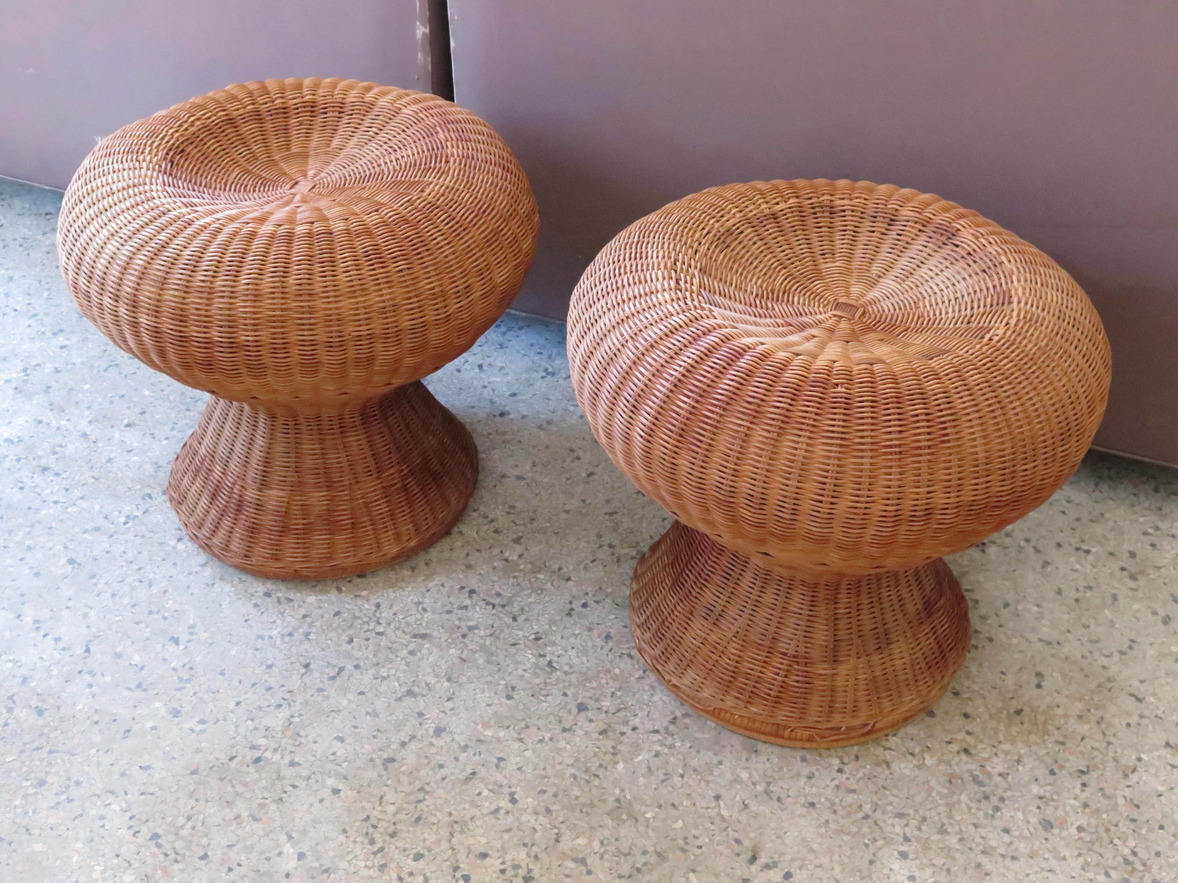 Mid-Century Modern A Pair of Wicker Mushroom Shaped Ottomans, circa 1970's For Sale