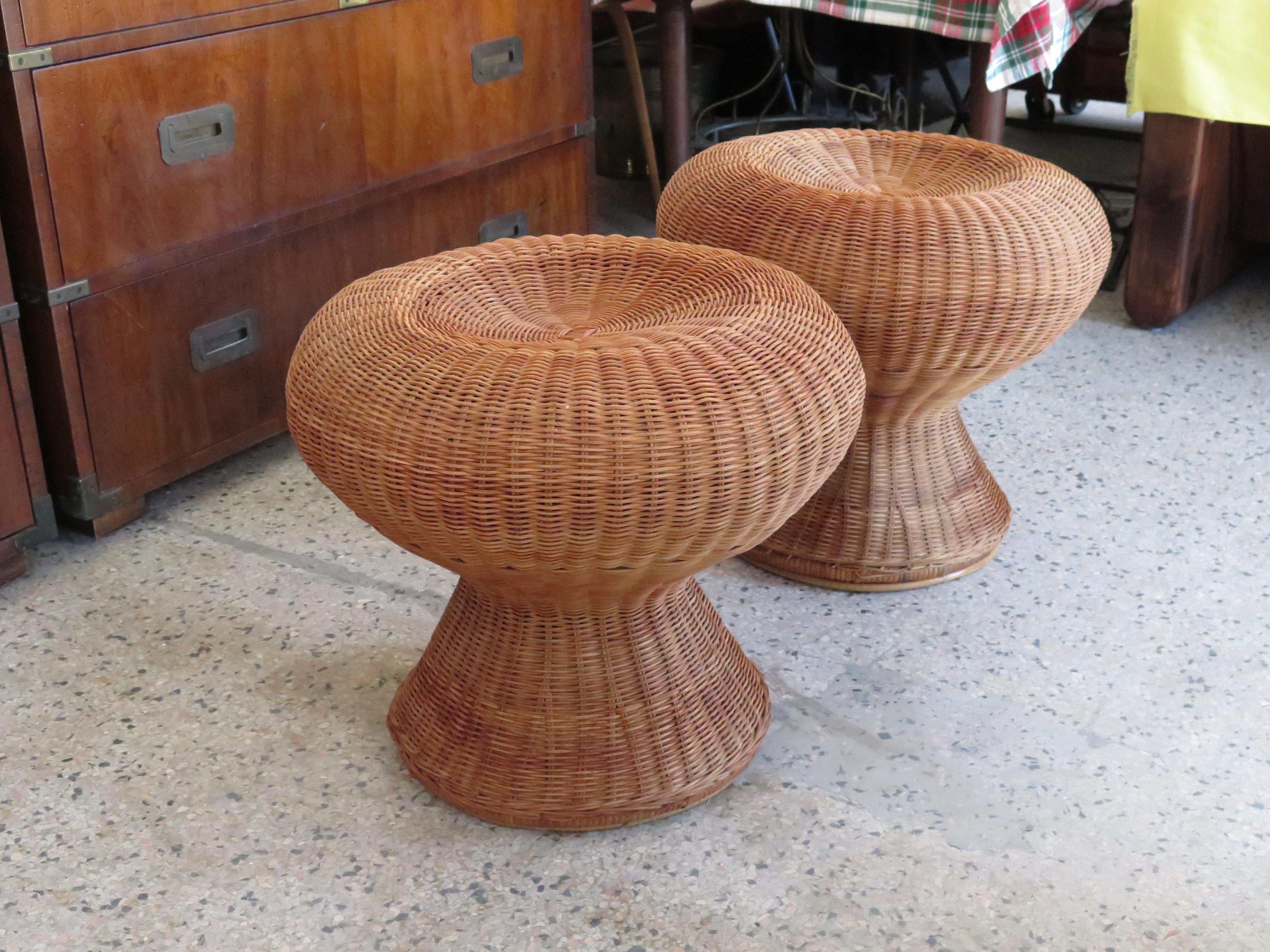 American A Pair of Wicker Mushroom Shaped Ottomans, circa 1970's For Sale