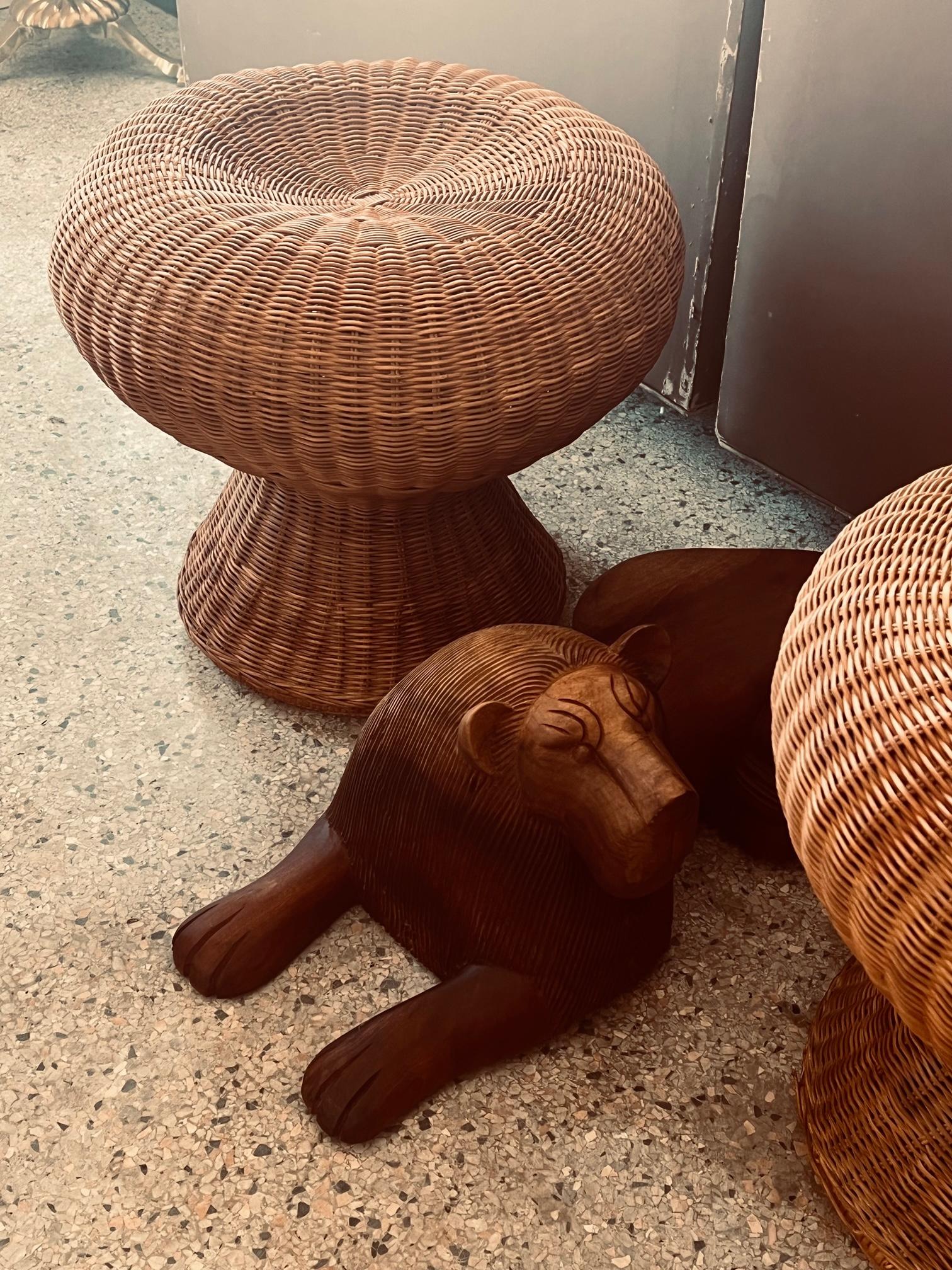 A Pair of Wicker Mushroom Shaped Ottomans, circa 1970's In Good Condition For Sale In St.Petersburg, FL